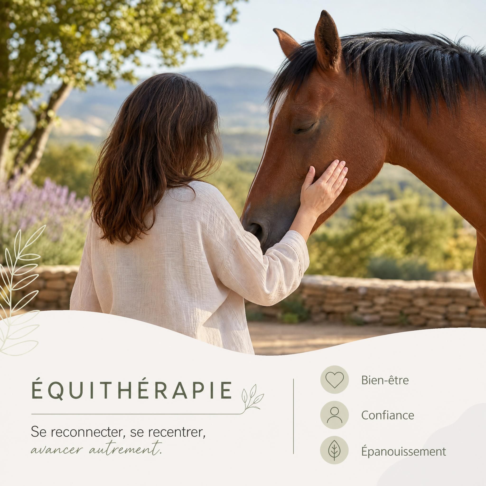 Interaction douce entre une personne et un cheval lors d'une séance d'équithérapie en extérieur, cadre naturel provençal, visage non visible pour préserver la confidentialité