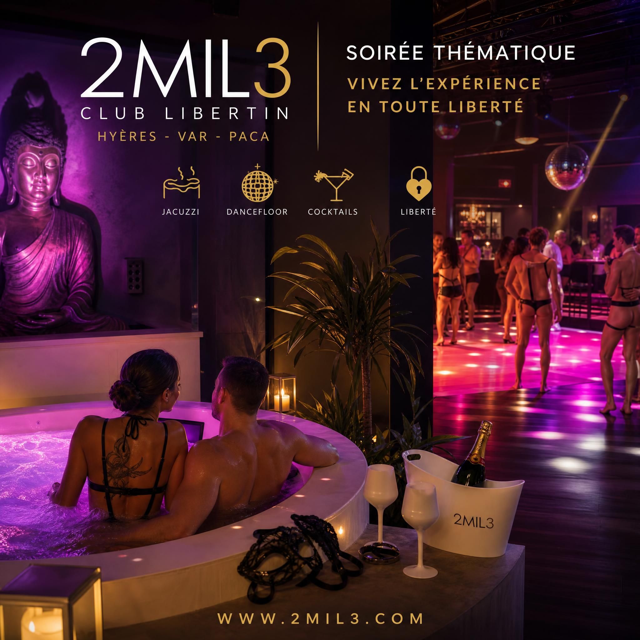 Ambiance lumineuse et élégante d'une soirée thématique au club libertin 2mil3 à Hyères, Var, PACA — jacuzzi et dancefloor