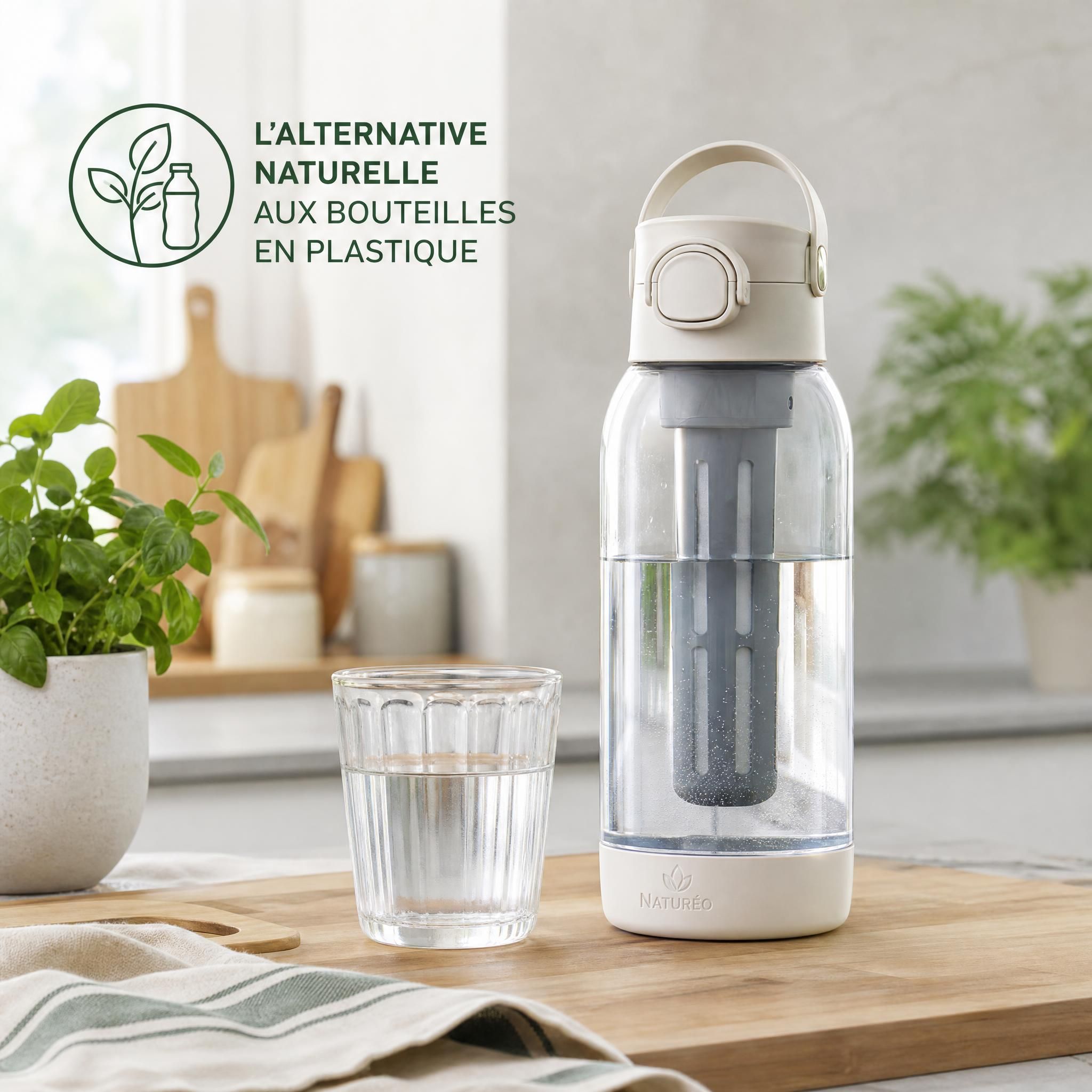 Gourde filtrante écologique posée sur un plan de cuisine avec un verre d'eau claire, symbolisant l'alternative naturelle aux bouteilles en plastique