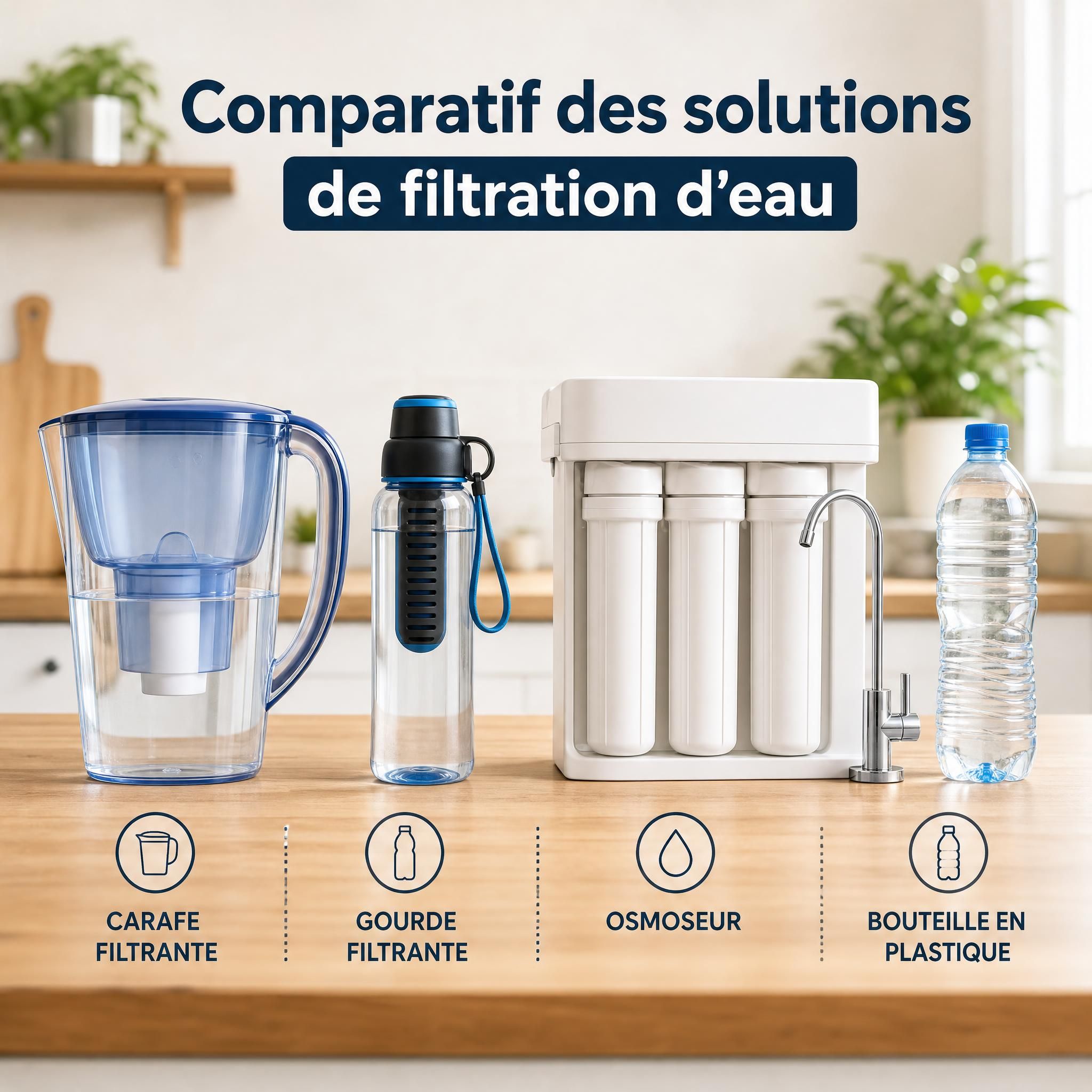 Comparatif des solutions de filtration d'eau - carafe filtrante, gourde filtrante, osmoseur et bouteille en plastique posés côte à côte sur un plan de cuisine en bois naturel