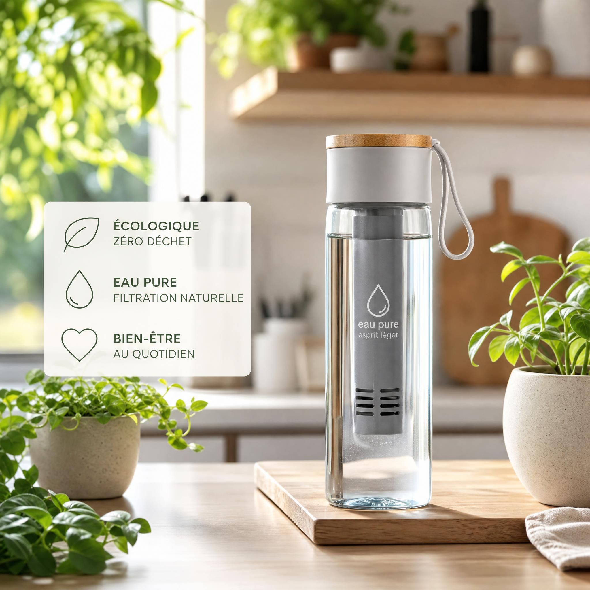 Gourde filtrante écologique posée sur un plan de cuisine naturel avec des plantes vertes, symbole de bien-être et d'eau pure