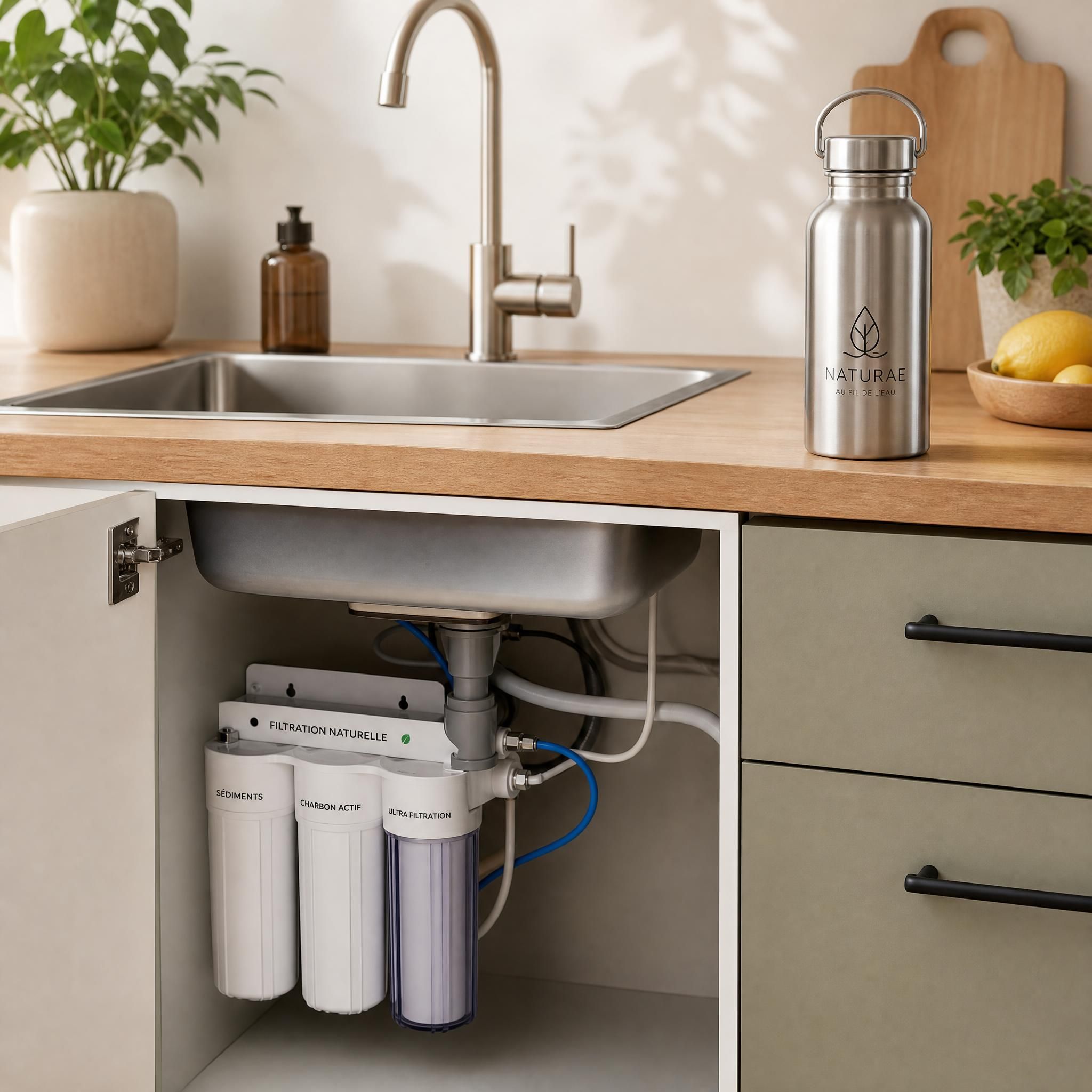 Système de filtration d'eau naturel installé sous un évier avec gourde filtrante en inox posée sur un plan de cuisine en bois naturel