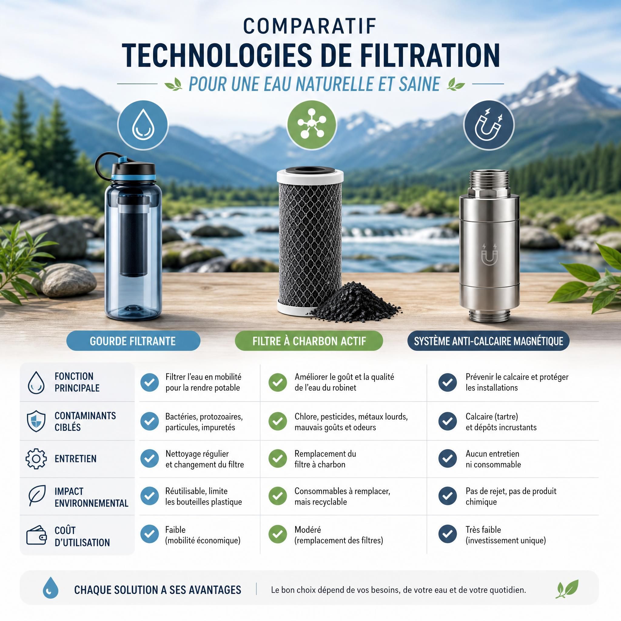 Comparatif technologies filtration eau naturelle - gourde filtrante, filtre à charbon actif et système anti-calcaire magnétique sur fond naturel