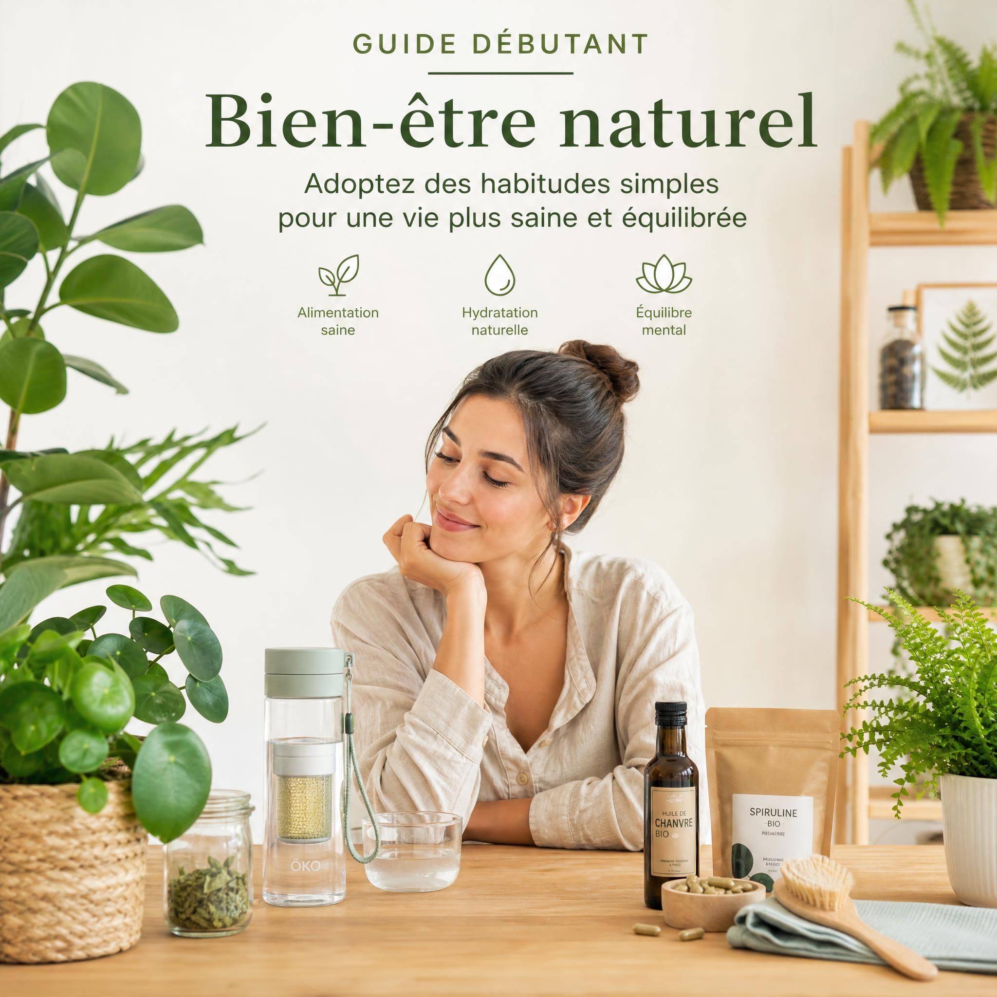 Guide débutant bien-être naturel - femme sereine entourée de plantes, gourde filtrante et produits naturels sur une table en bois