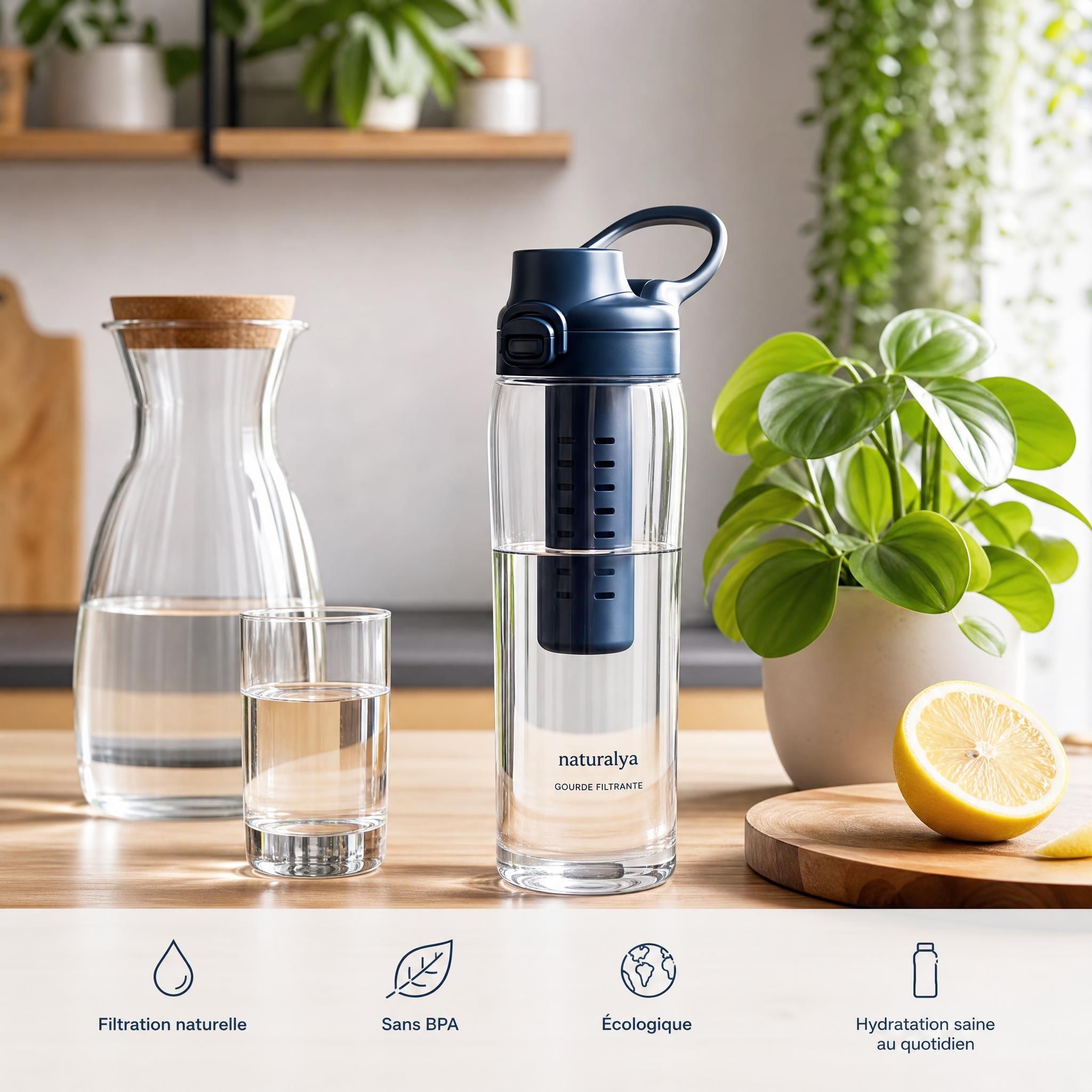 Gourde filtrante posée sur un plan de cuisine naturel avec carafe d'eau et plantes vertes, illustrant la filtration naturelle de l'eau au quotidien