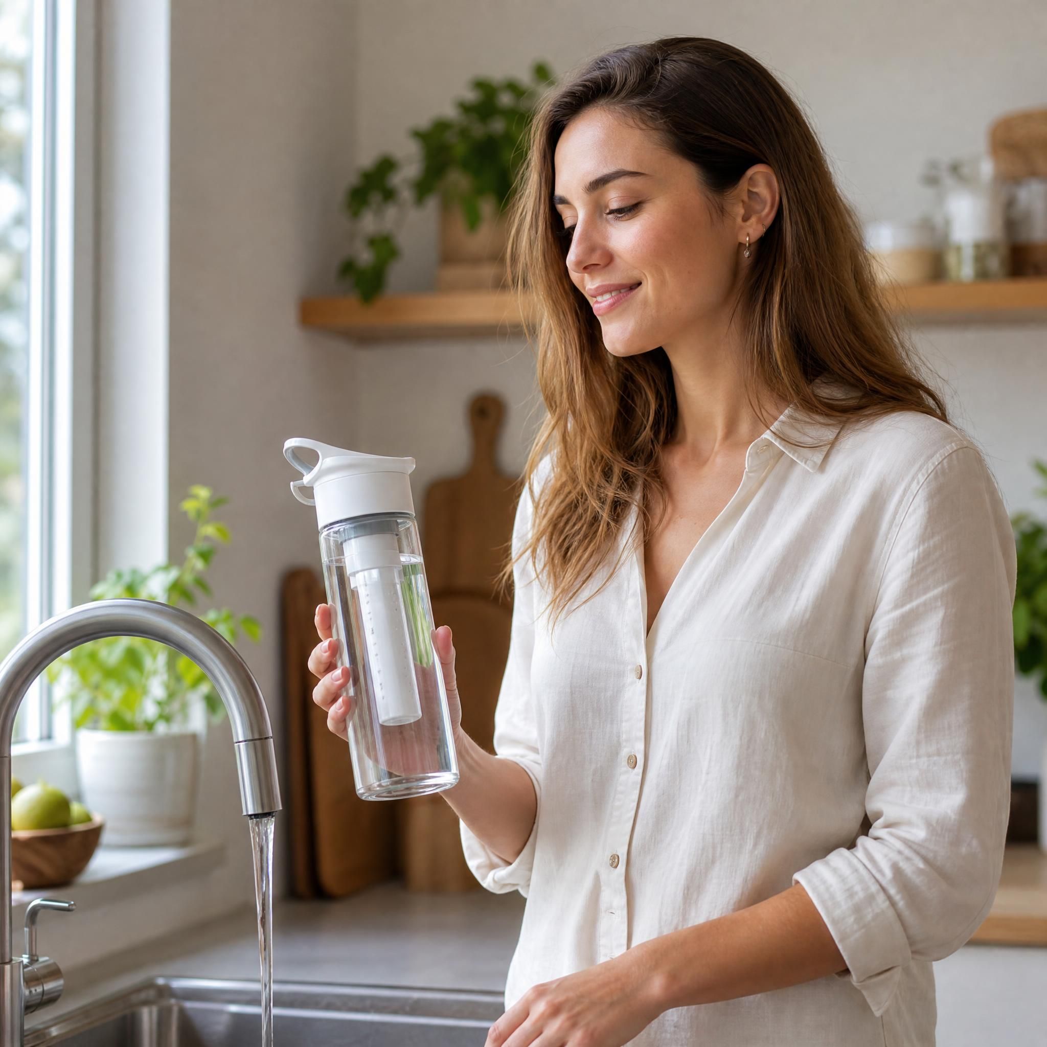 Femme tenant une gourde filtrante transparente devant un robinet d'eau, cuisine naturelle en arrière-plan, lumière naturelle