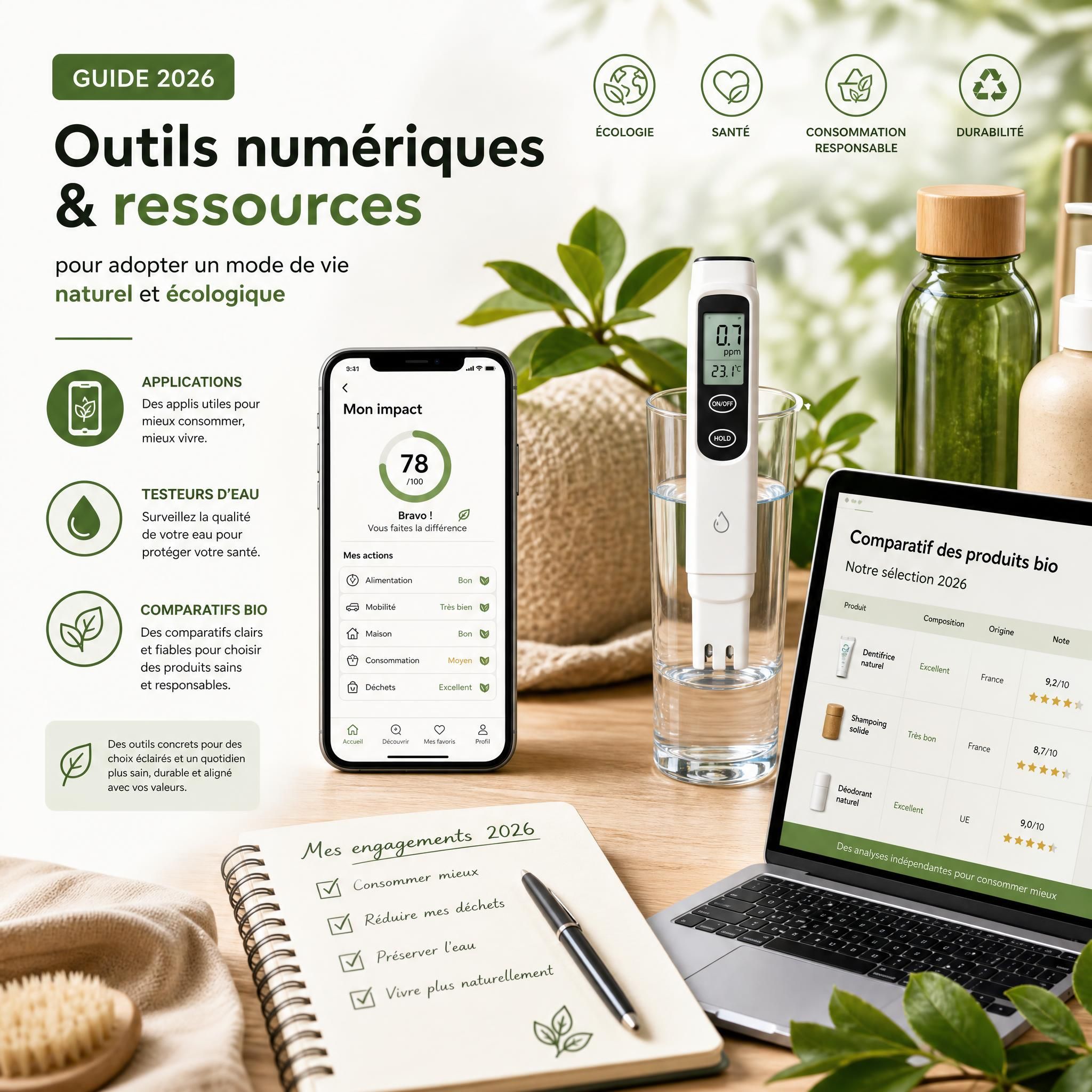 Guide des outils numériques et ressources pour adopter un mode de vie naturel et écologique en 2026 — applications, testeurs d'eau, comparatifs bio