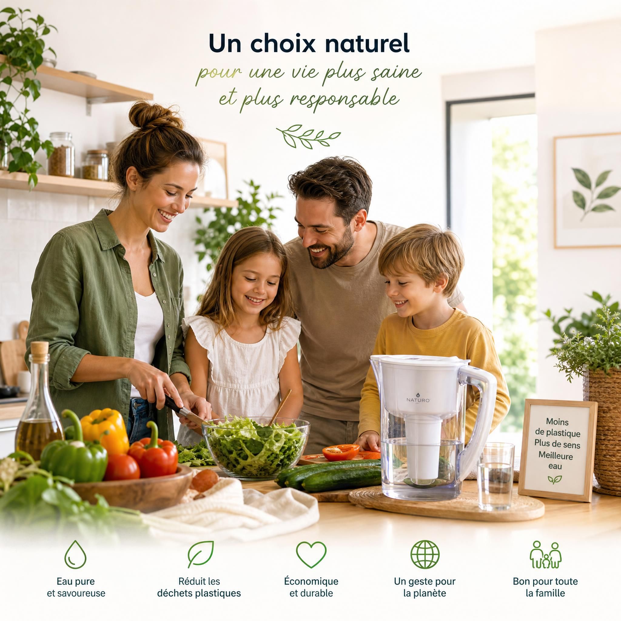 Famille heureuse dans une cuisine lumineuse entourée de produits naturels et d'une gourde filtrante, symbolisant un mode de vie sain et écologique