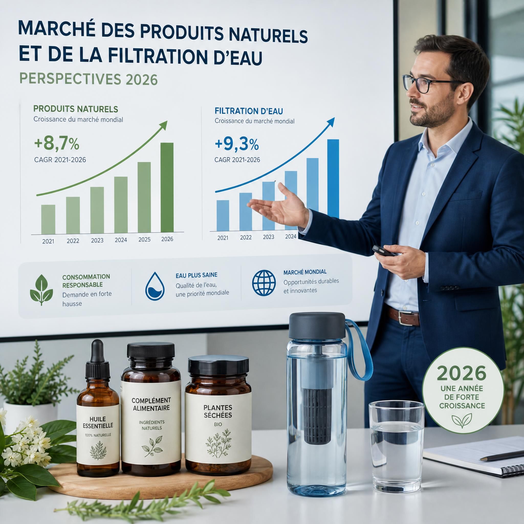 Expert analyste présentant des graphiques de croissance du marché des produits naturels et de la filtration d'eau en 2026, avec des flacons de produits naturels et une gourde filtrante en premier plan