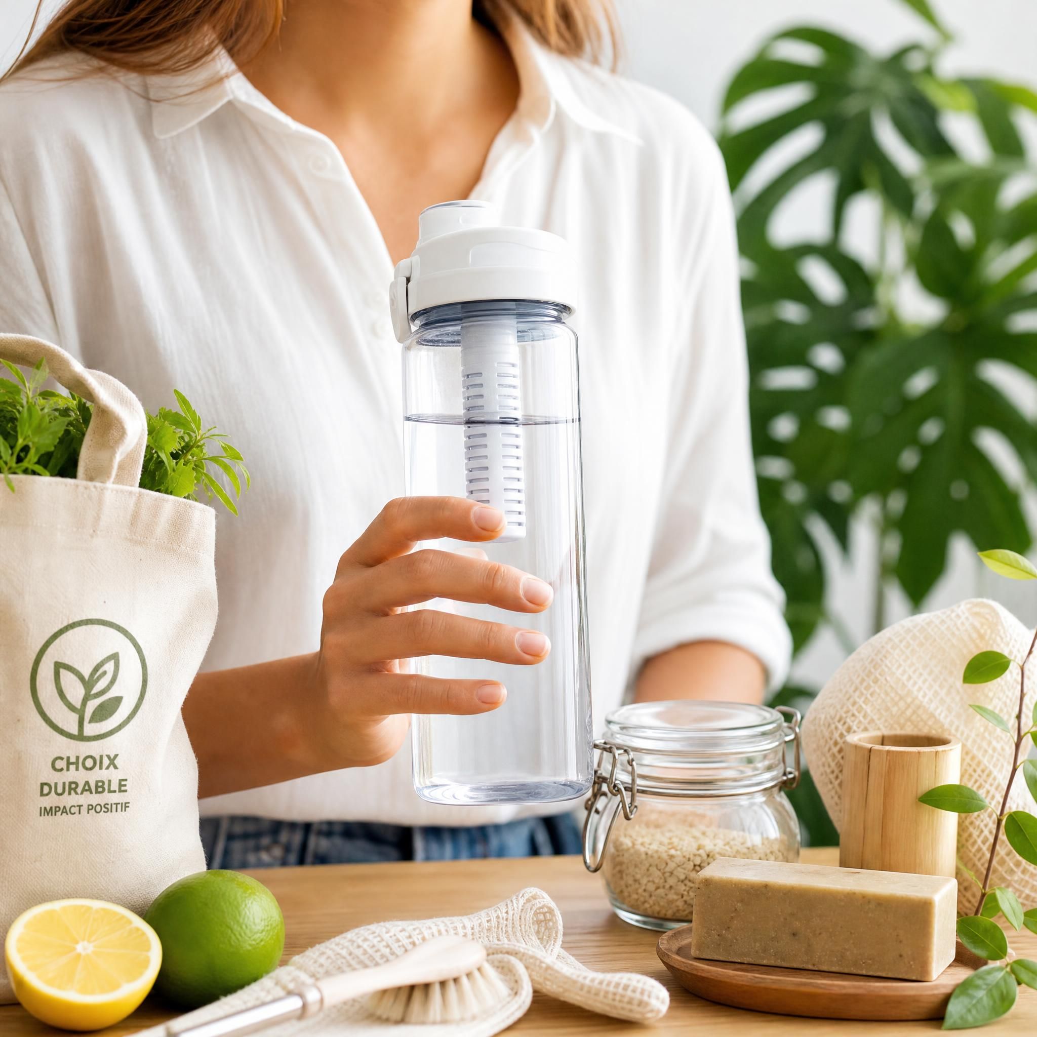 Personne tenant une gourde filtrante transparente avec de l'eau claire, entourée de produits naturels et d'une plante verte, symbolisant un mode de vie sain et écologique