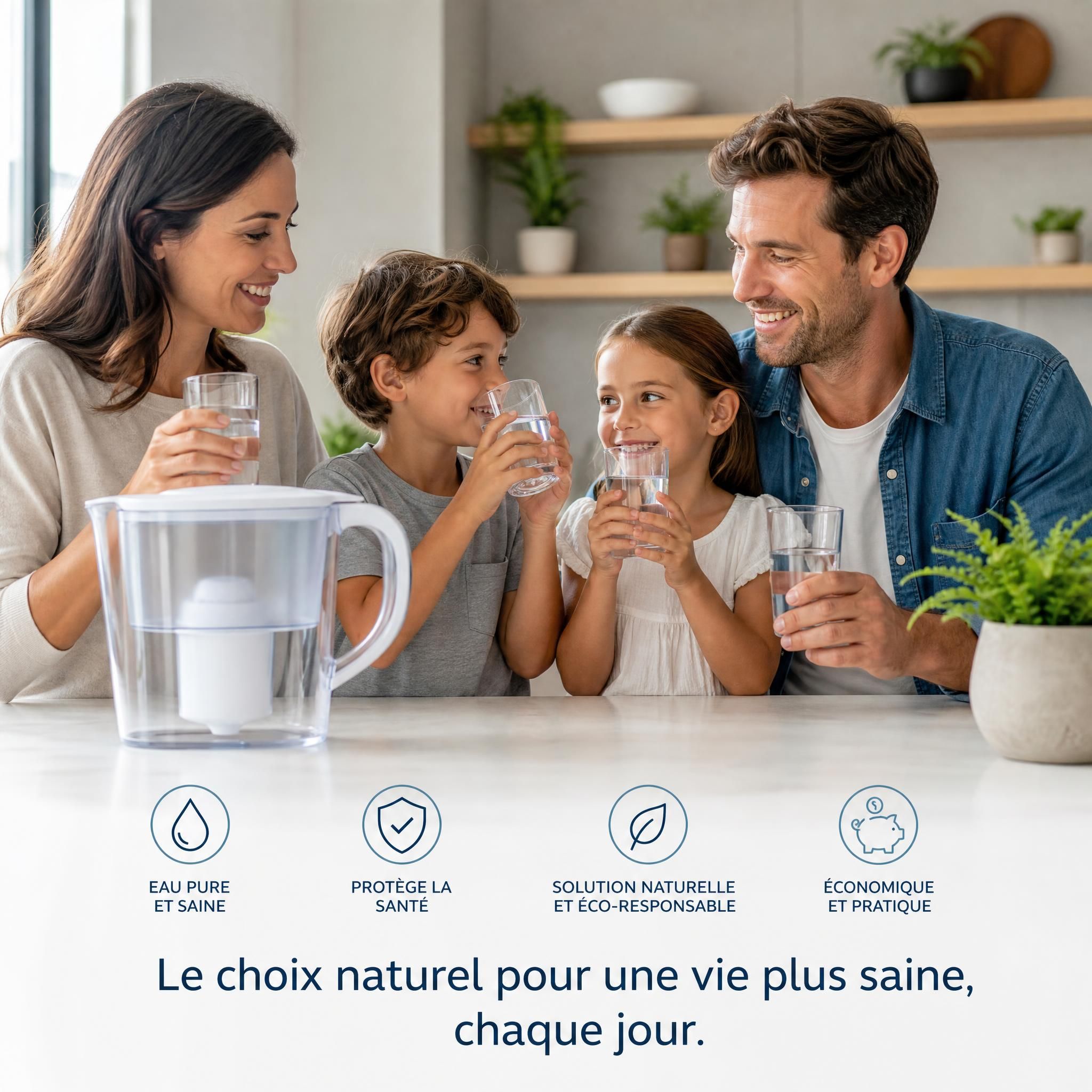 Famille heureuse autour d'un verre d'eau filtrée propre et pure, symbole de bien-être naturel et de santé au quotidien