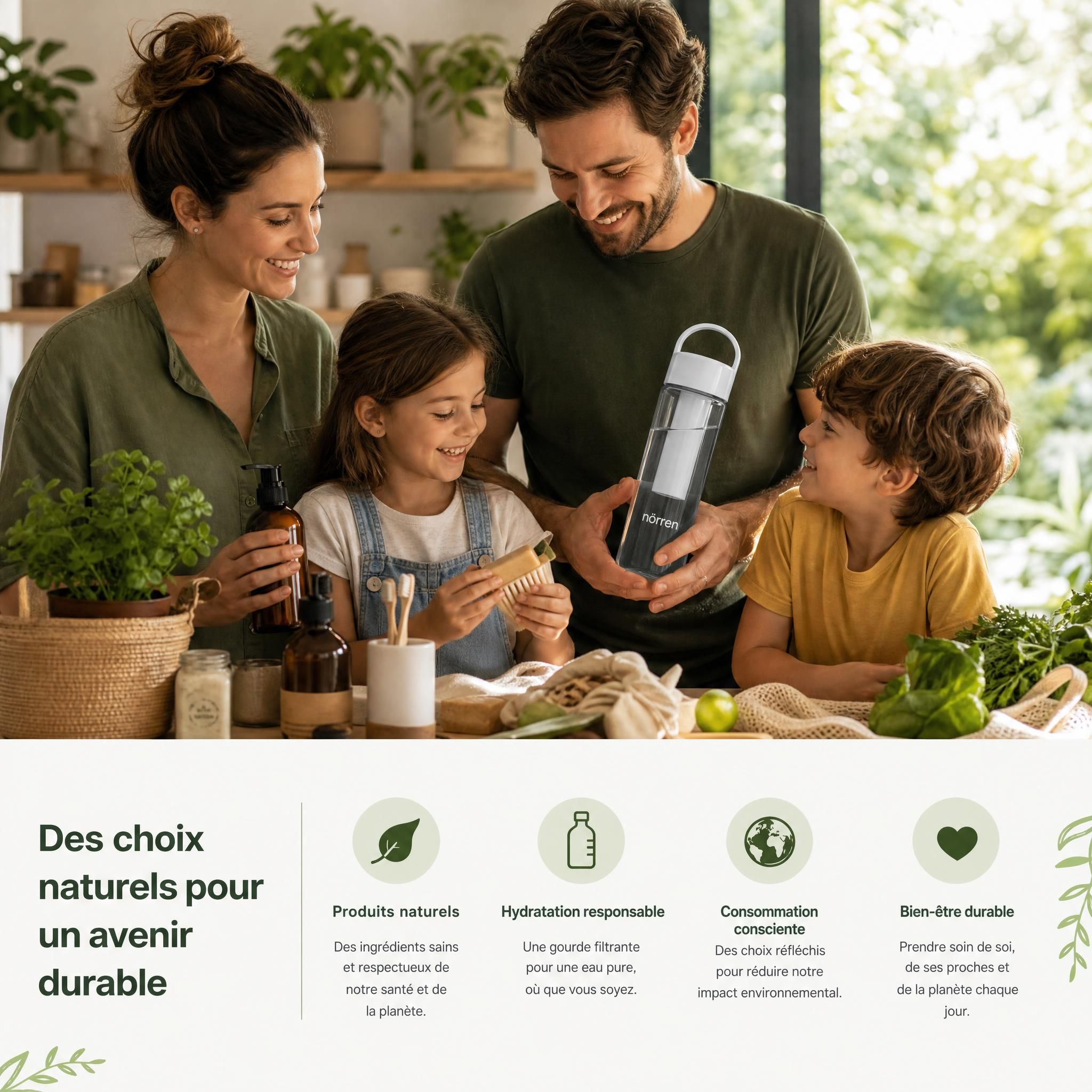 Famille utilisant des produits naturels et une gourde filtrante dans un cadre écologique, symbolisant la consommation responsable et le bien-être durable
