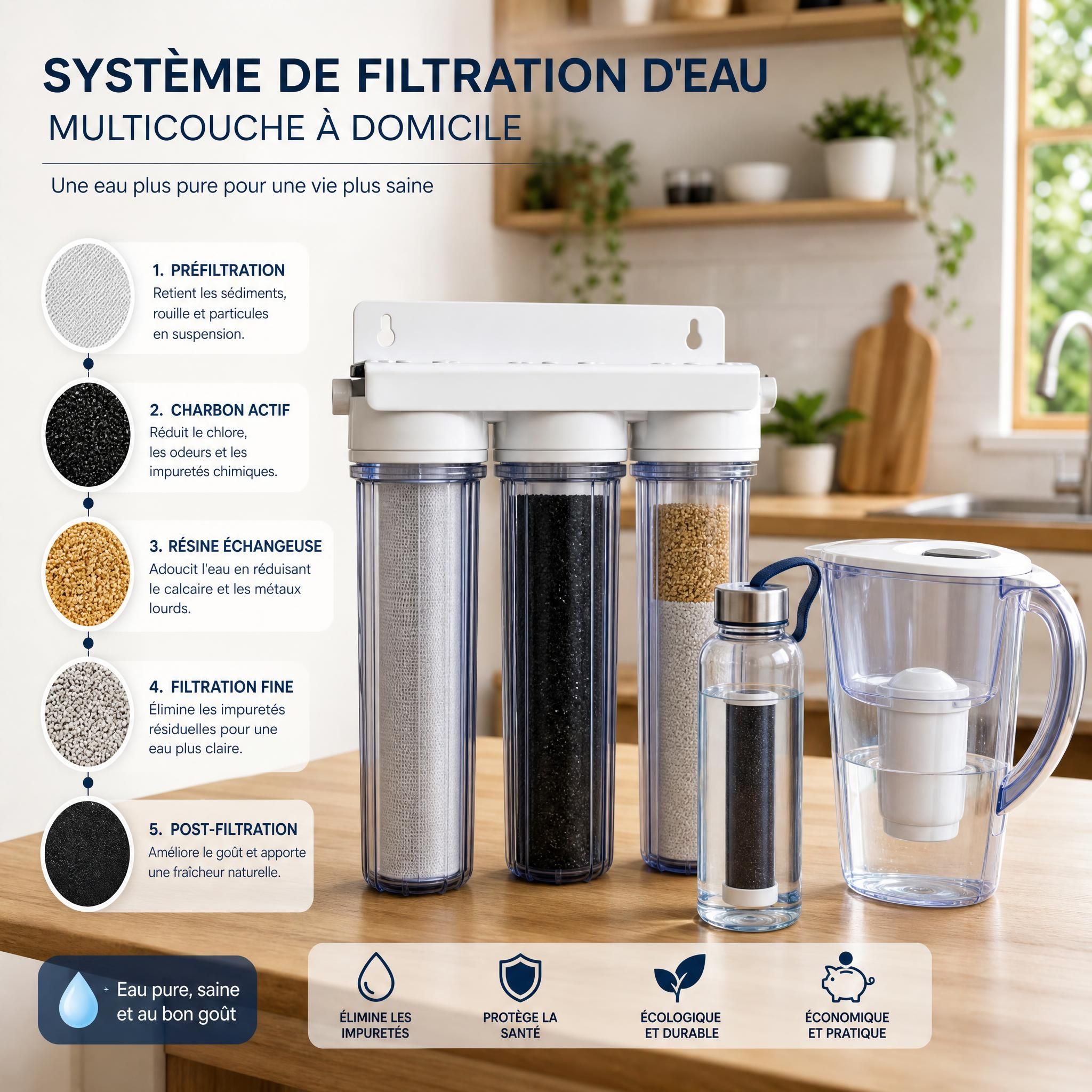 Système de filtration d'eau multicouche à domicile avec gourde filtrante et carafe, sur un plan de cuisine naturel en bois