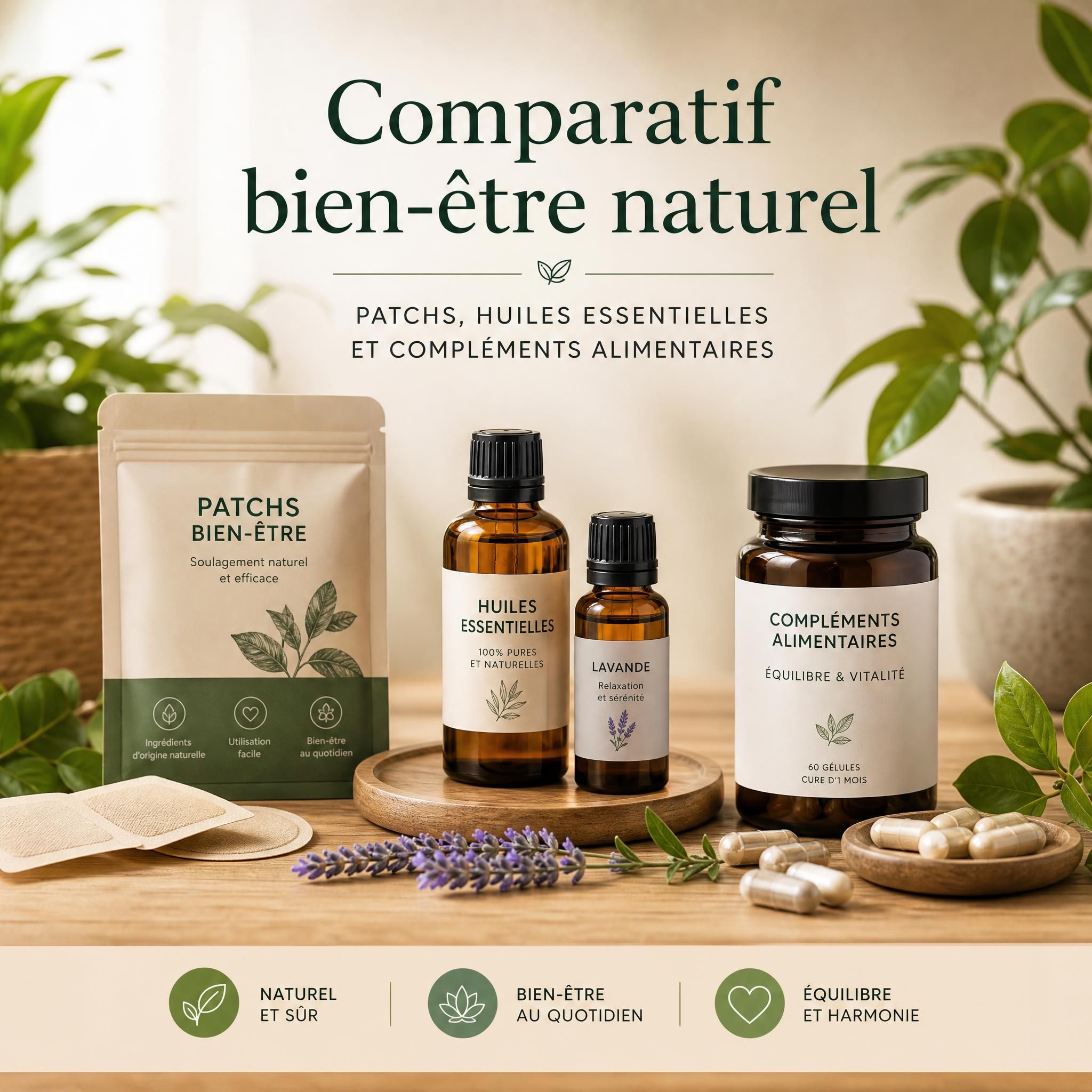 Comparatif bien-être naturel - patchs, huiles essentielles et compléments alimentaires disposés sur une surface en bois avec des plantes vertes, ambiance chaleureuse et naturelle