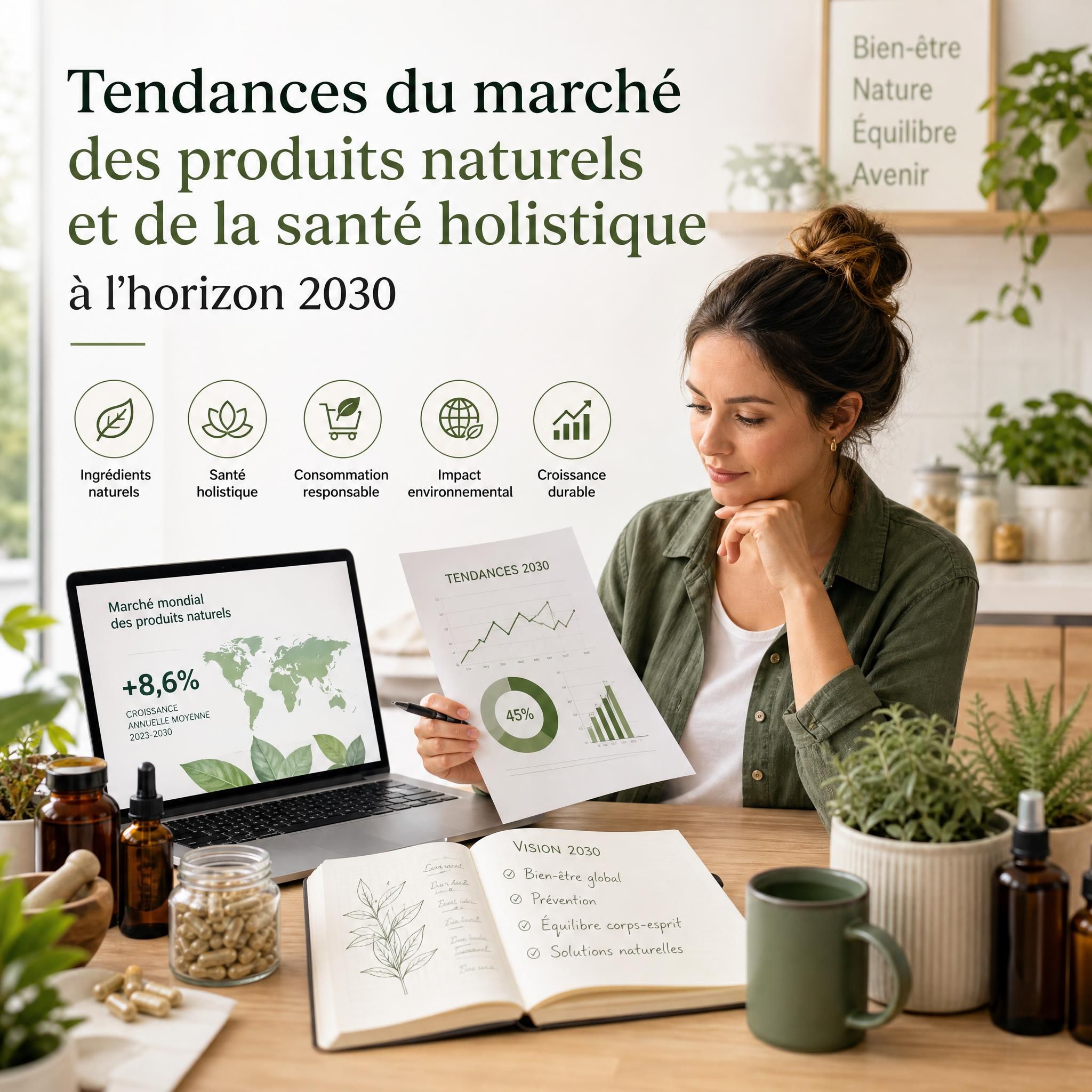 Expert en bien-être naturel analysant des tendances du marché des produits naturels et de la santé holistique à l'horizon 2030