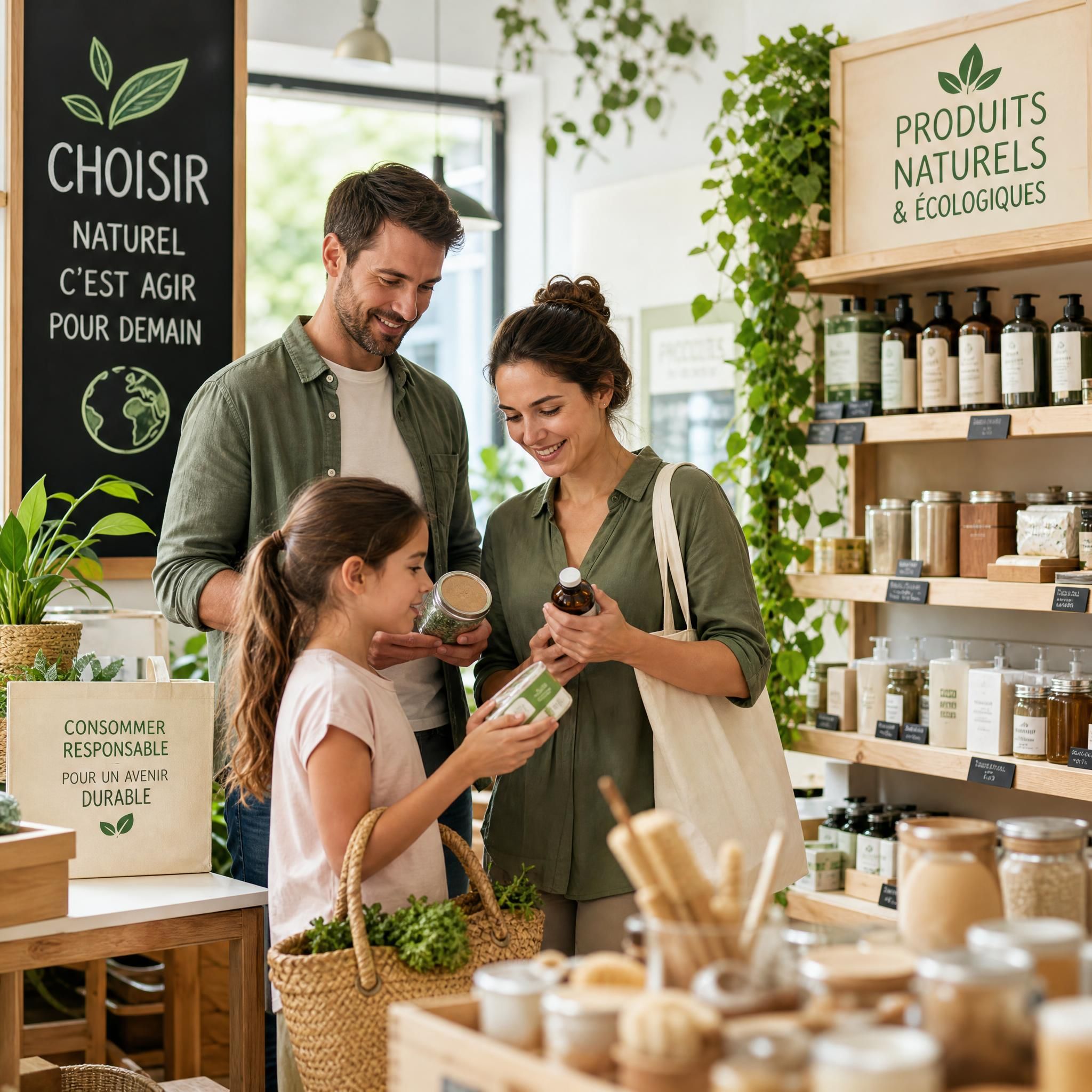 Famille choisissant des produits naturels et écologiques dans une boutique bio, symbolisant la consommation responsable et l'éthique environnementale