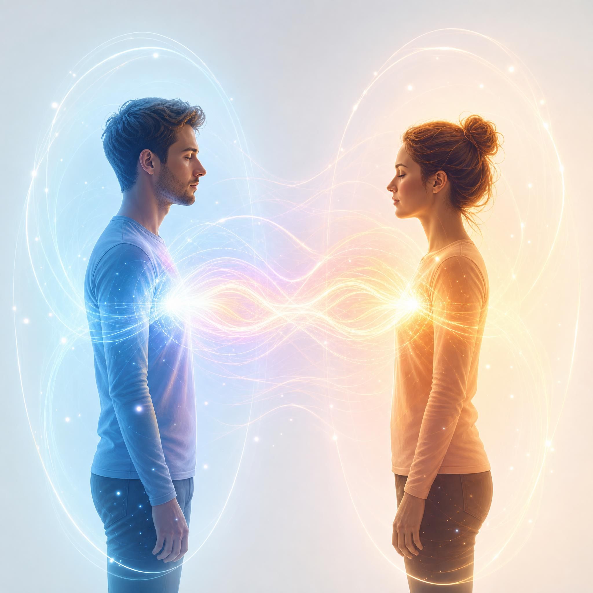 Illustration symbolique de deux champs énergétiques humains interagissant, représentant les échanges vibratoires dans les relations interpersonnelles