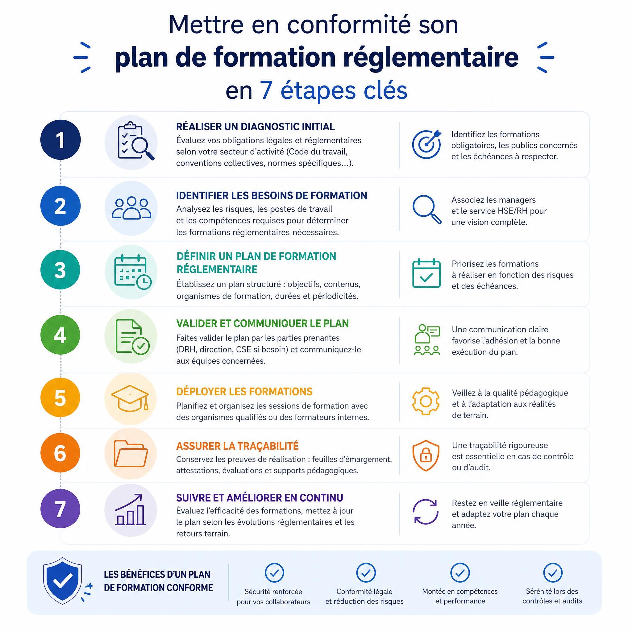Infographie récapitulative des étapes pour mettre en conformité son plan de formation réglementaire en entreprise