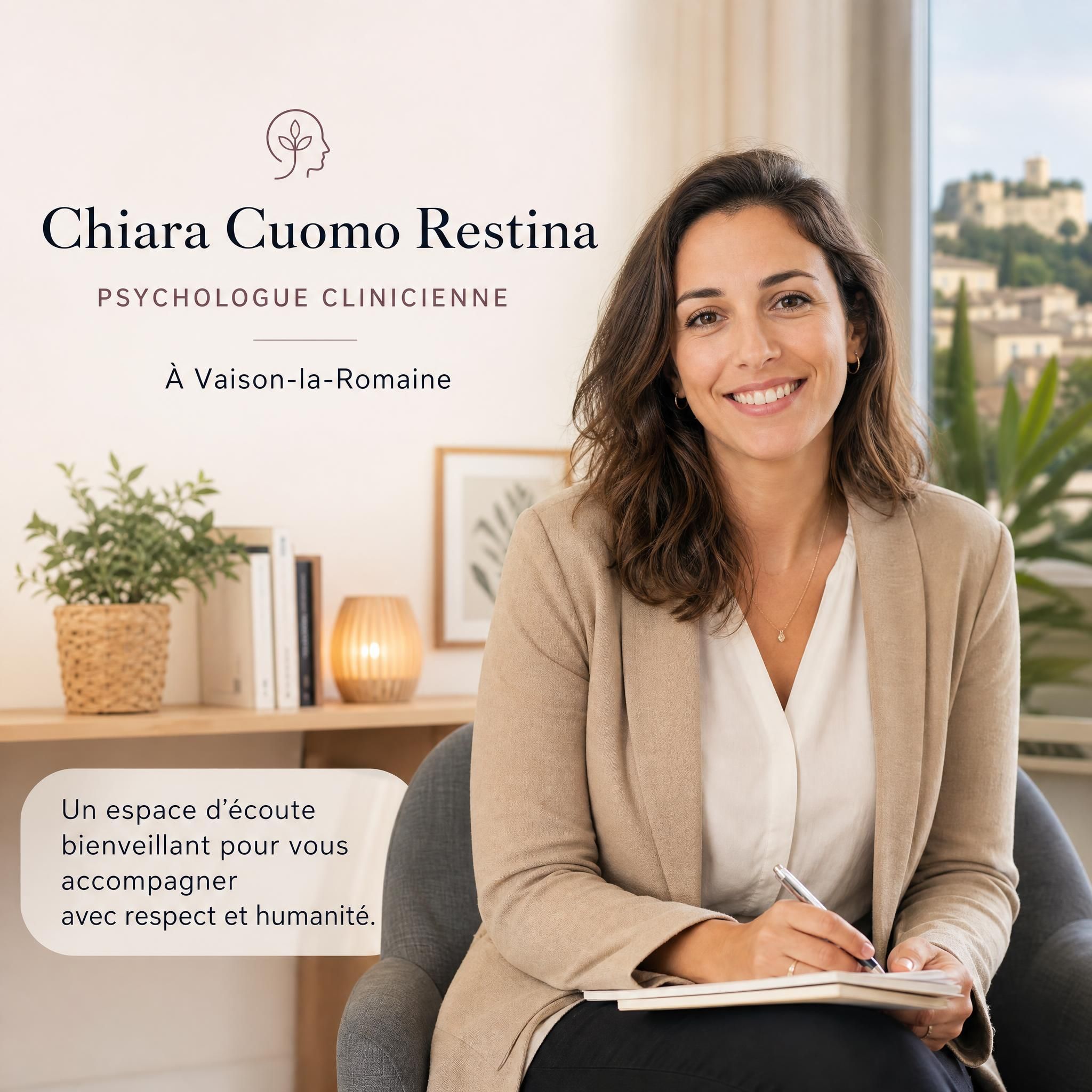Chiara Cuomo Restina, psychologue clinicienne à Vaison-la-Romaine — portrait professionnel chaleureux