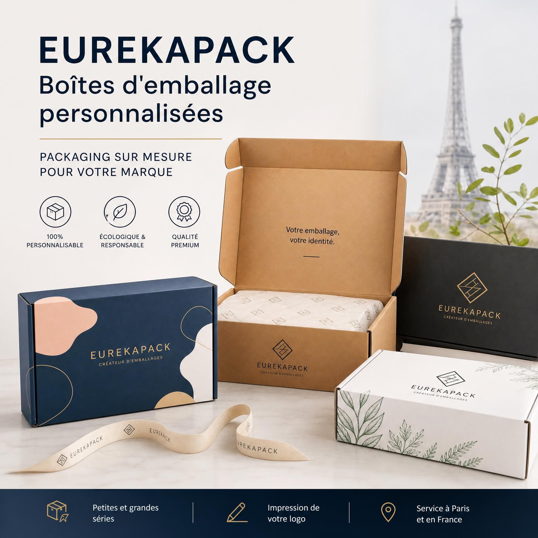 Boîtes d'emballage personnalisées EUREKAPACK avec logo de marque, packaging e-commerce sur mesure Paris