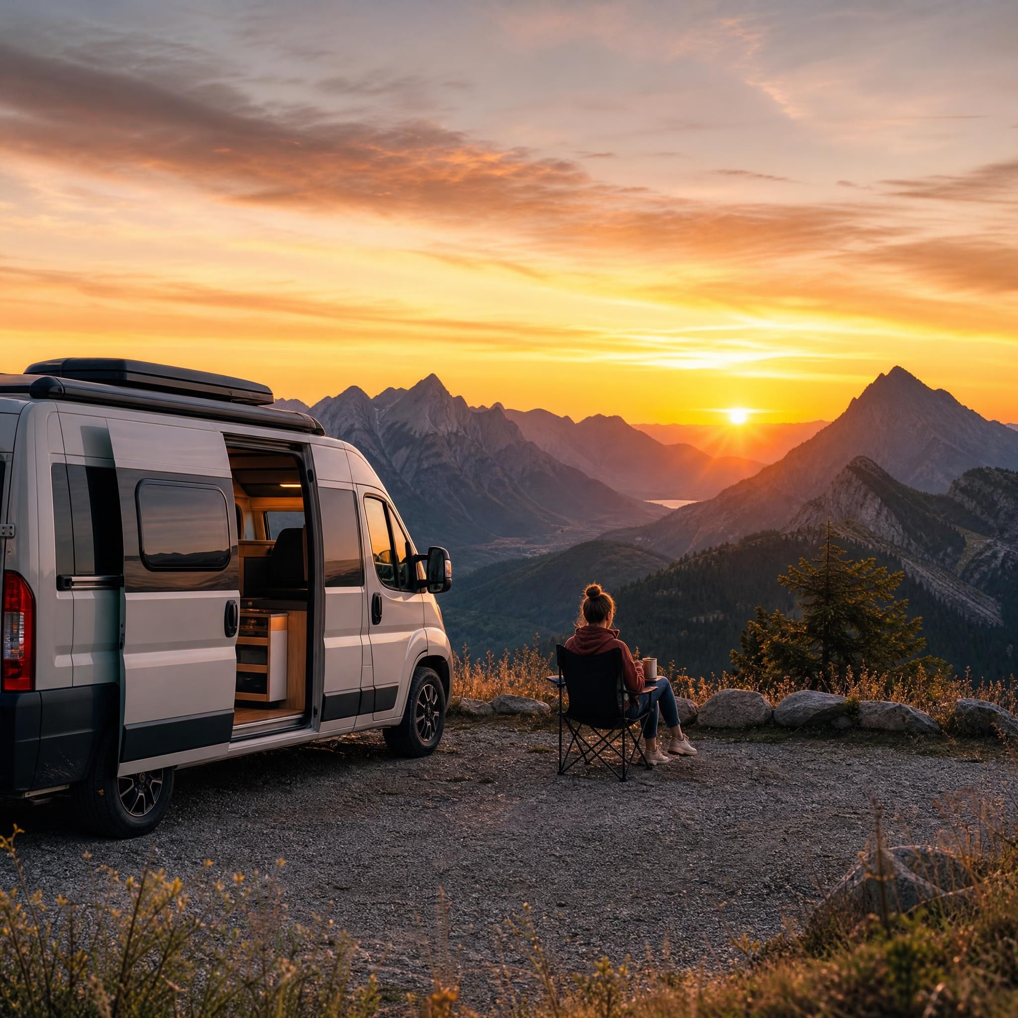 Van aménagé garé face aux montagnes au coucher du soleil, road trip liberté France