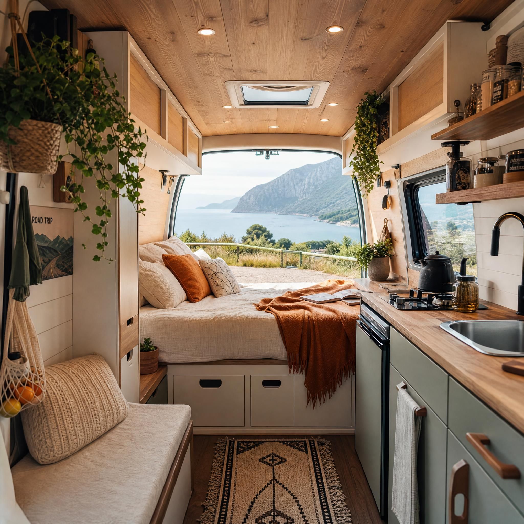 Intérieur d'un van aménagé cosy avec lit, cuisine et rangements, van life France