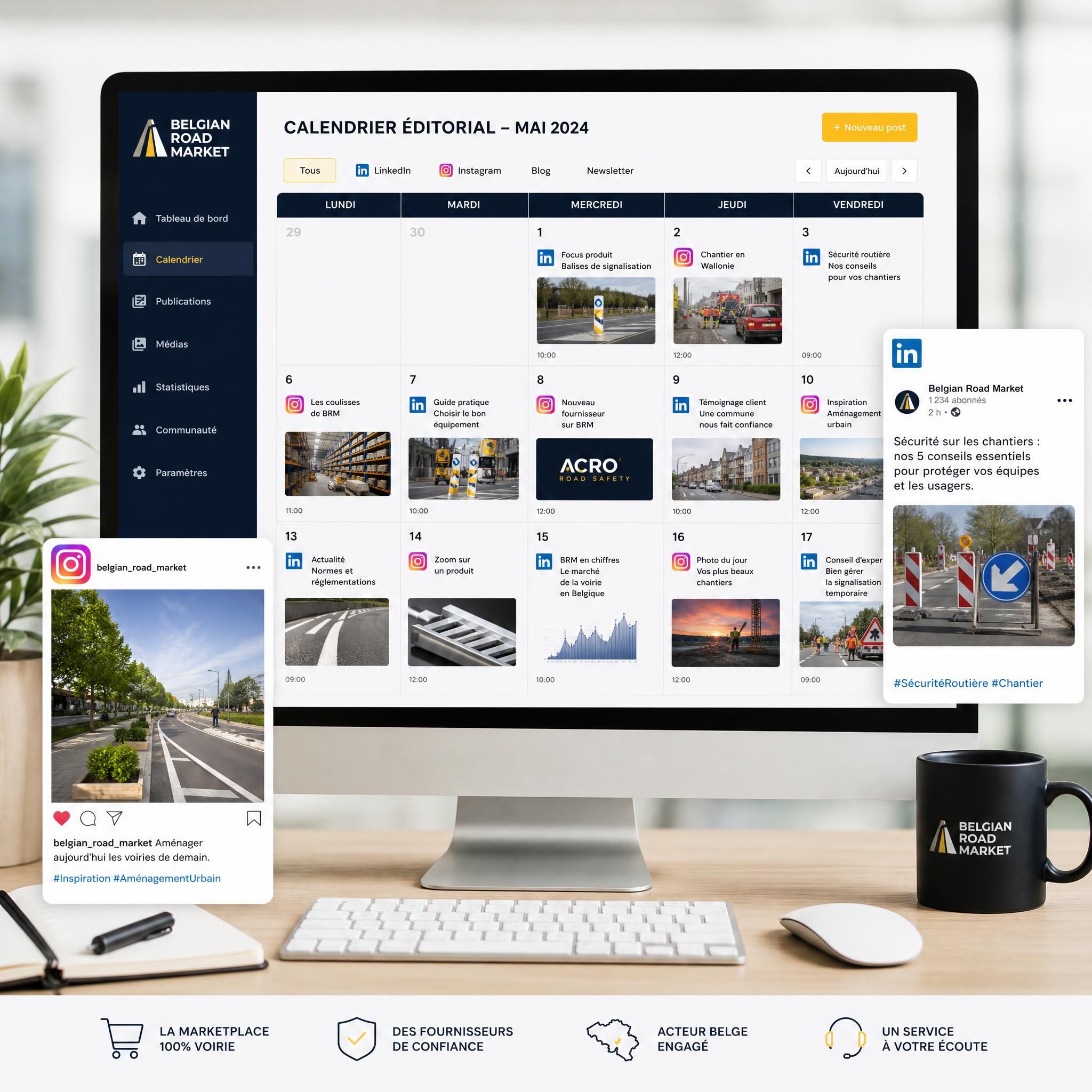 Calendrier éditorial social media affiché sur un écran avec des posts LinkedIn et Instagram pour une marketplace de voirie belge