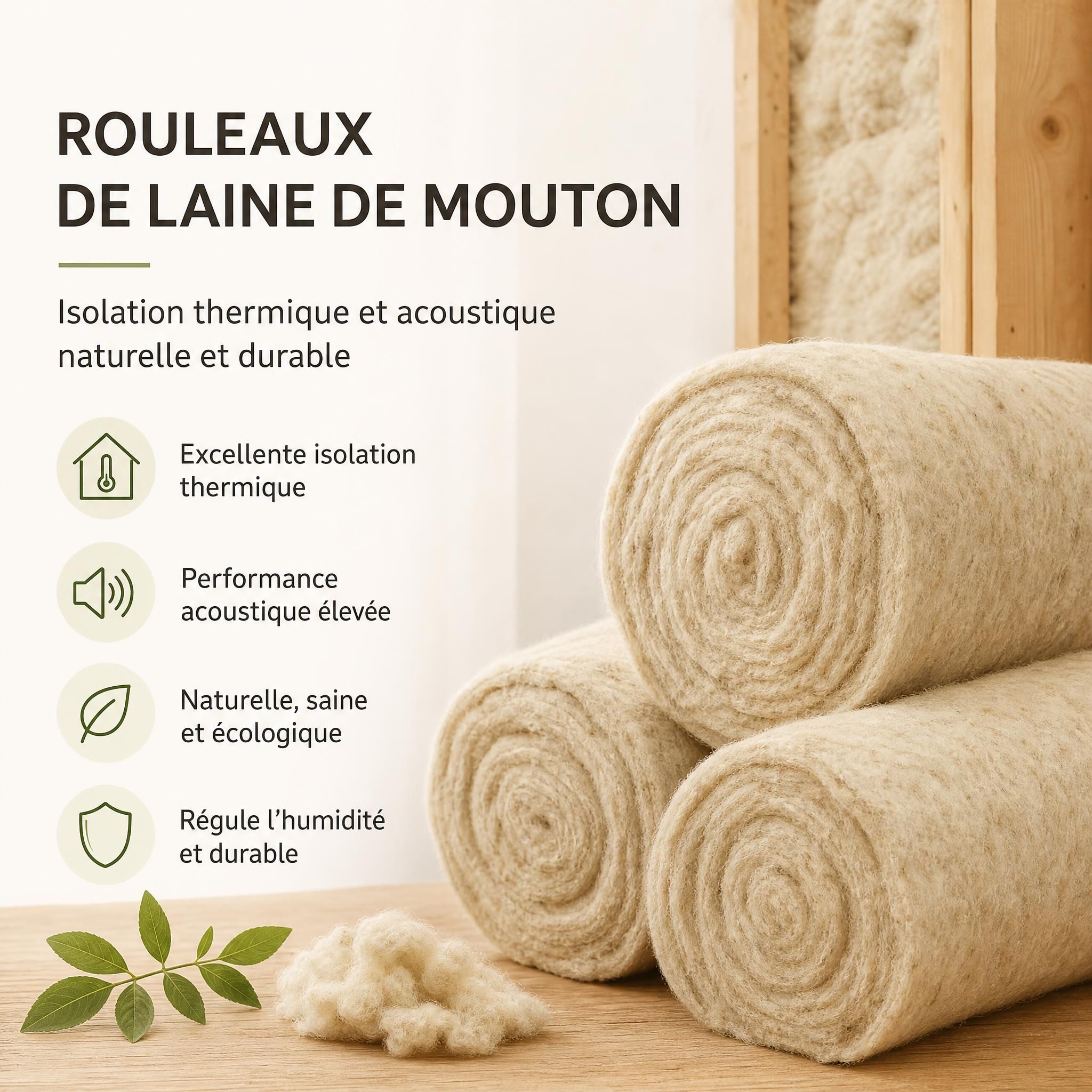Rouleaux de laine de mouton naturelle pour isolation thermique et acoustique