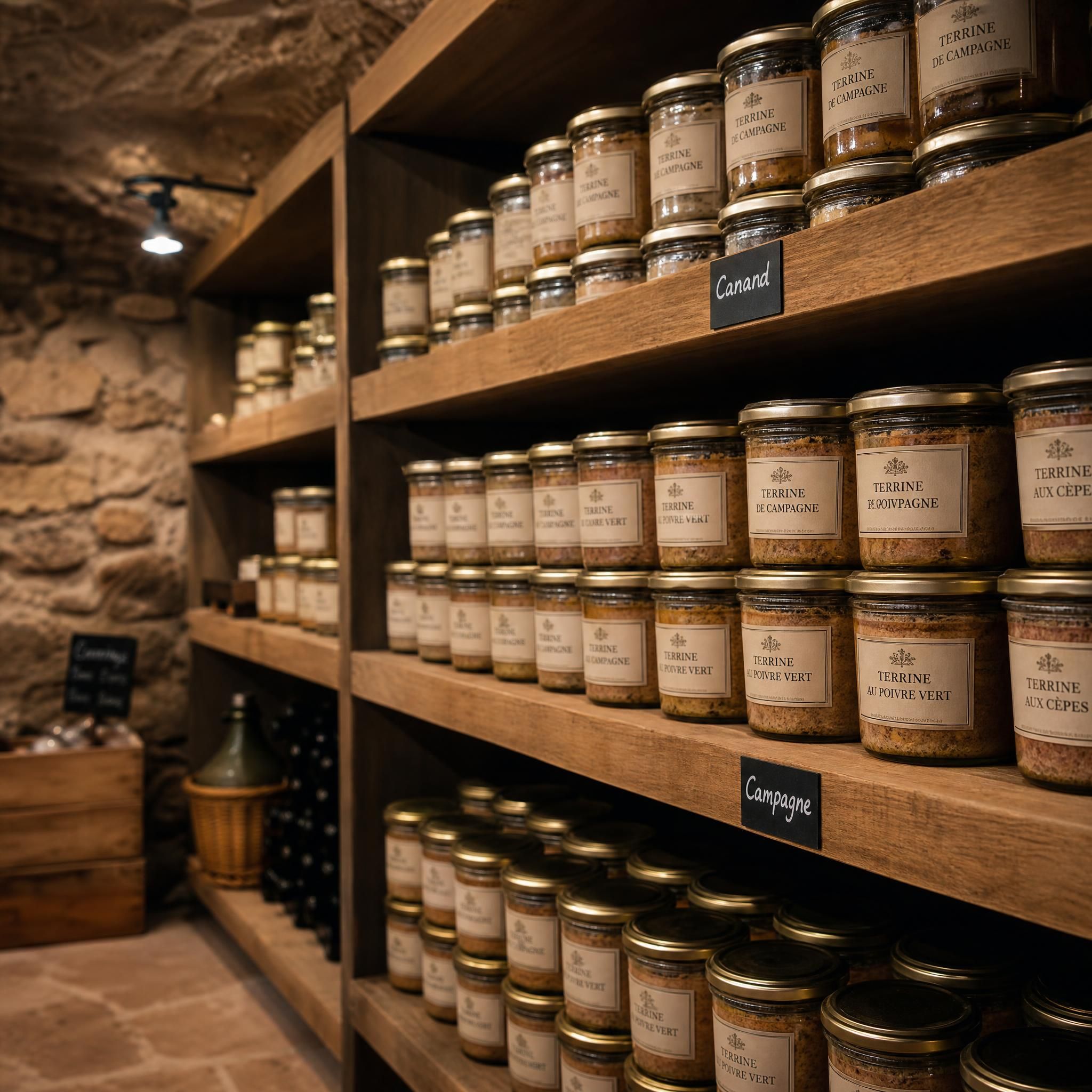 Cave à provisions avec bocaux de terrines artisanales rangés sur des étagères en bois dans un endroit frais et sombre