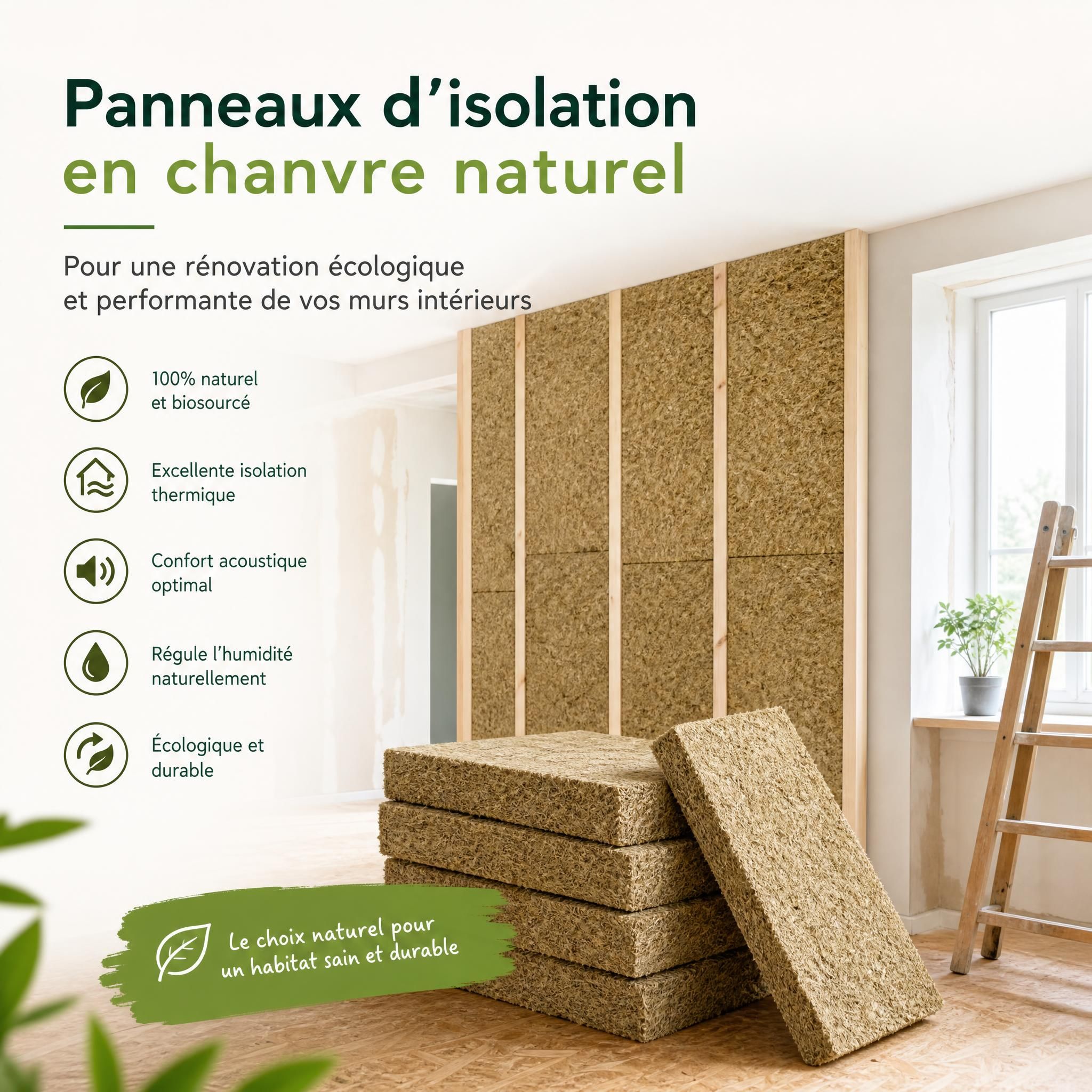 Panneaux d'isolation en chanvre naturel pour rénovation écologique de murs intérieurs