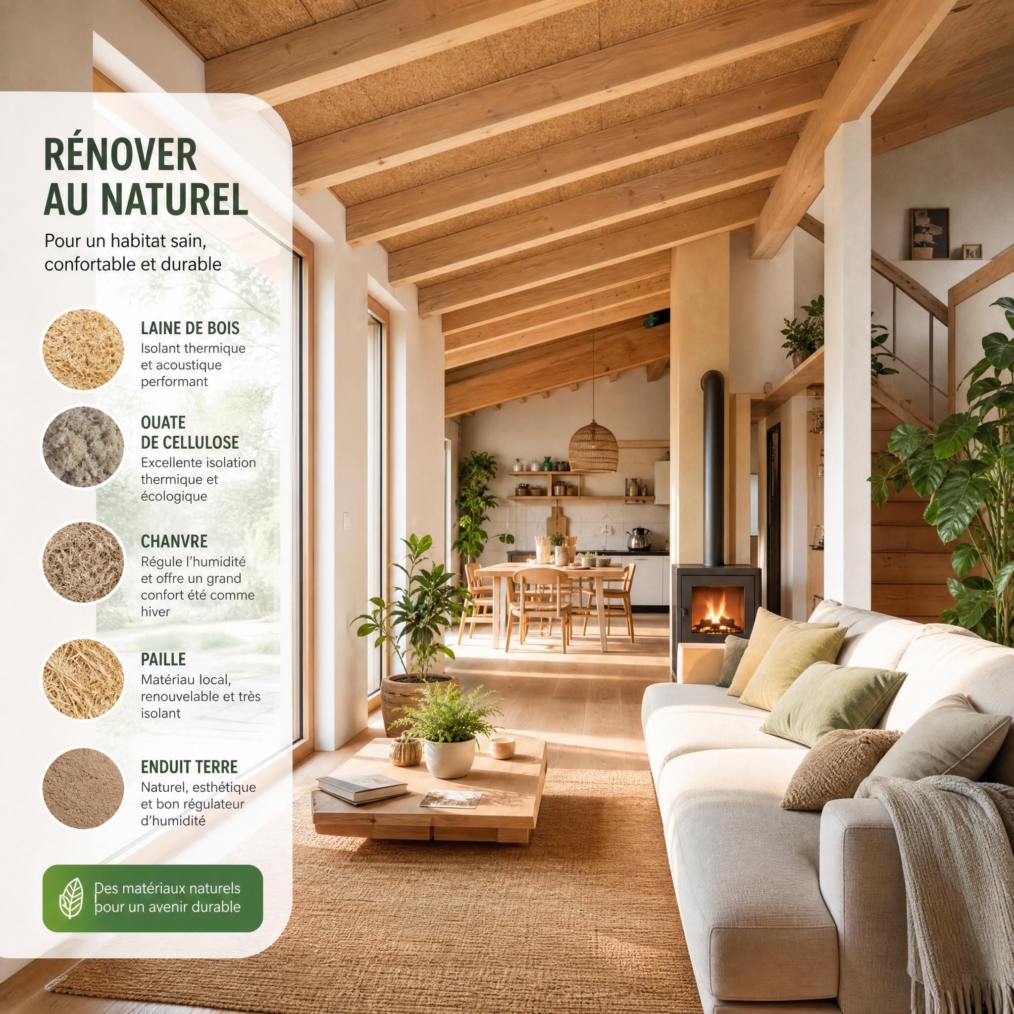 Maison rénovée avec des matériaux isolants naturels et écologiques, vue intérieure confortable
