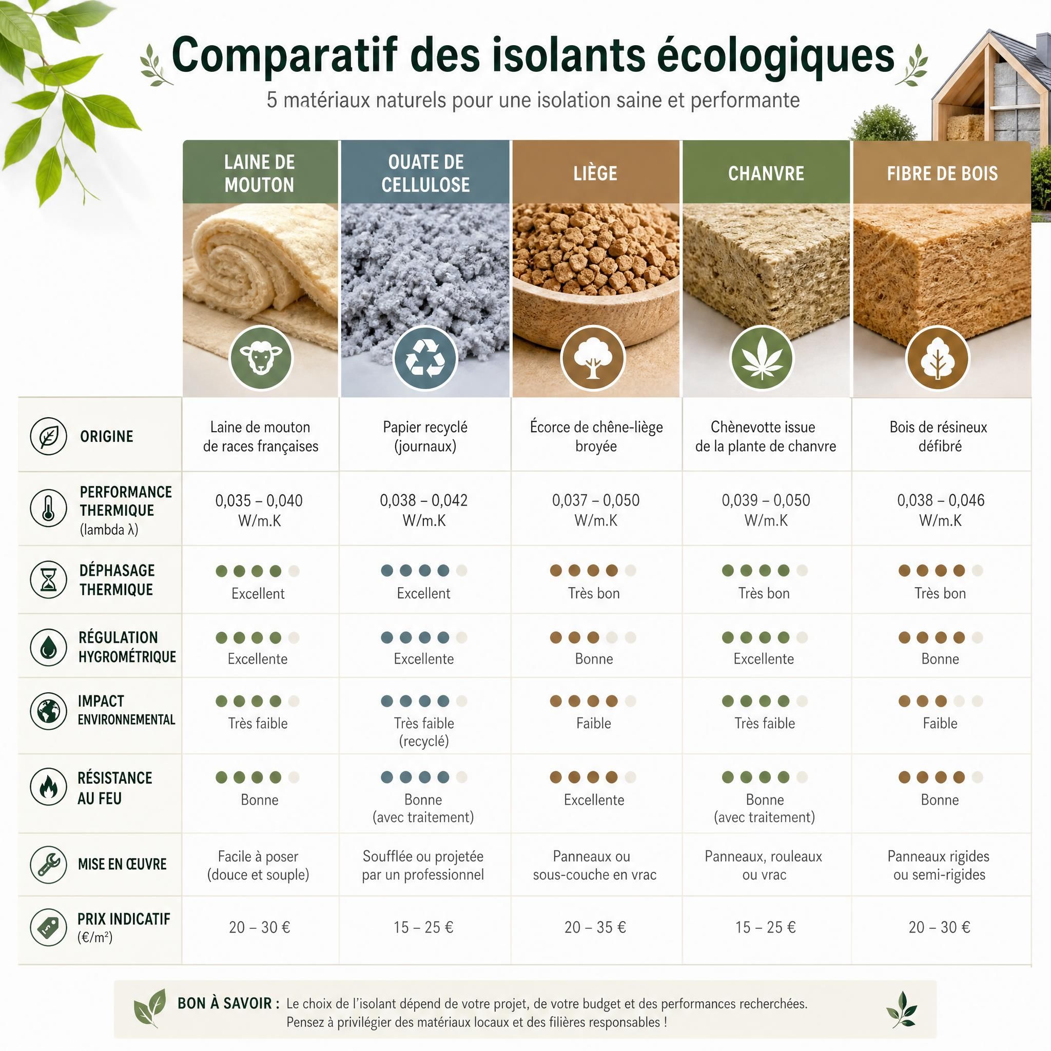 Tableau comparatif visuel des matériaux isolants écologiques laine mouton ouate cellulose liège chanvre fibre bois