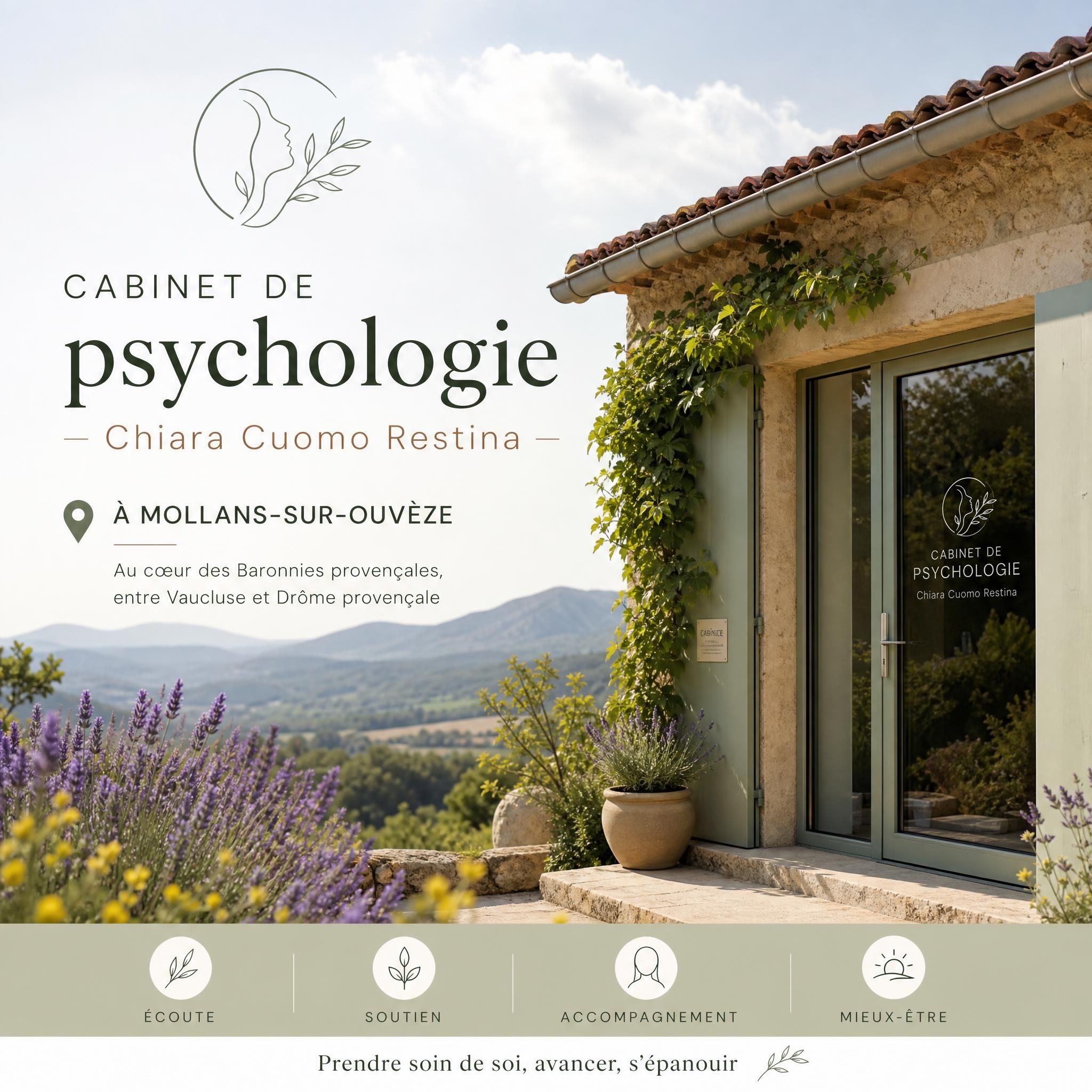Cabinet de psychologie Chiara Cuomo Restina à Mollans-sur-Ouvèze, entouré de la nature des Baronnies provençales, entre Vaucluse et Drôme provençale