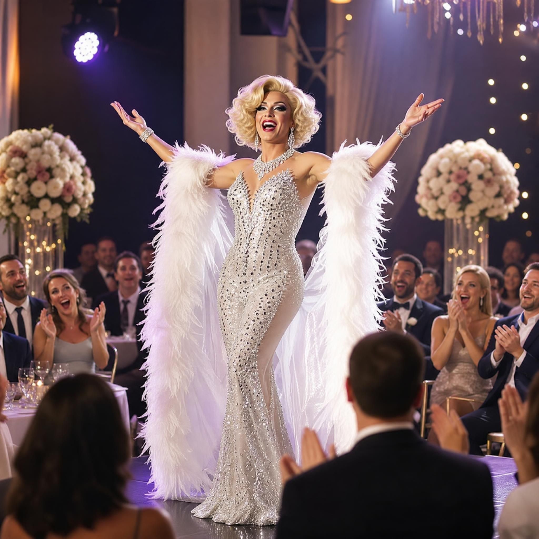 Artiste transformiste en costume de star sur scène lors d'un mariage, entouré d'invités émerveillés et applaudissant