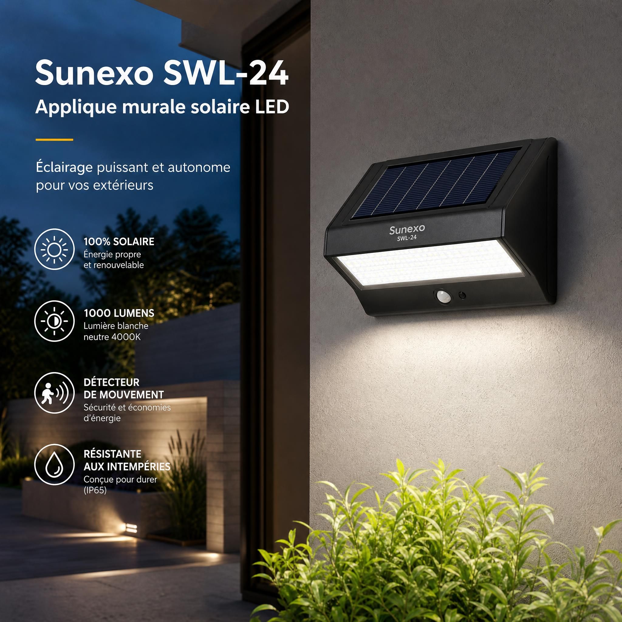Applique murale solaire LED Sunexo SWL-24 installée sur façade extérieure, éclairage 1000 lumens blanc neutre