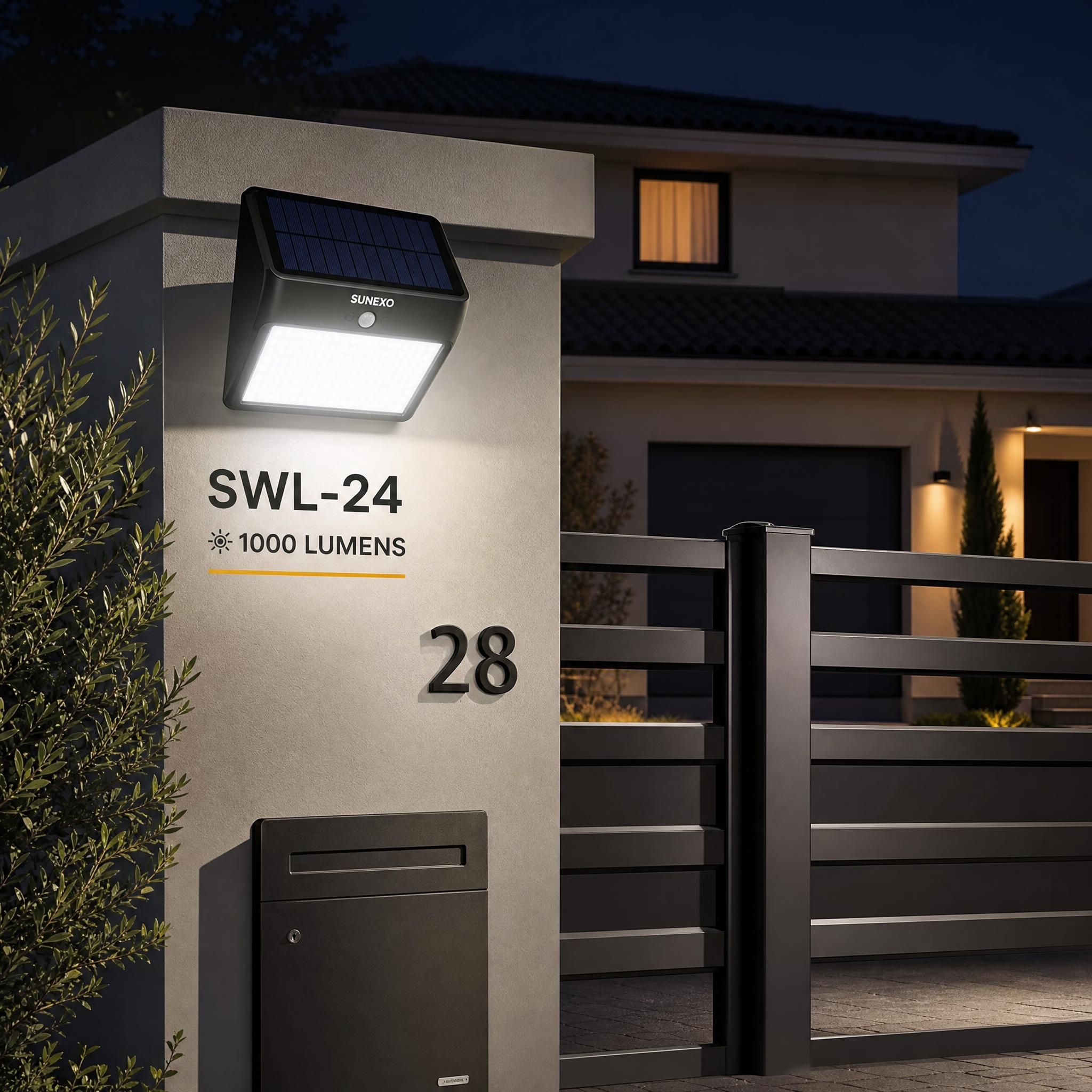 Applique solaire Sunexo SWL-24 en situation réelle sur portail de maison individuelle, nuit, 1000 lumens