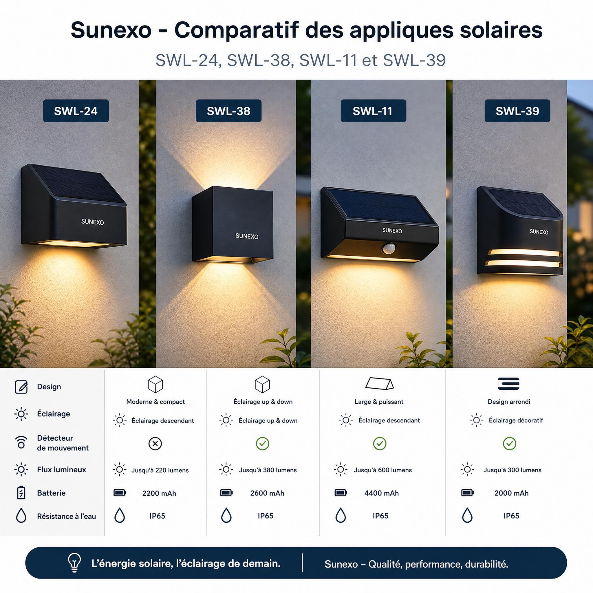 Comparatif visuel des appliques solaires Sunexo SWL-24, SWL-38, SWL-11 et SWL-39 côte à côte