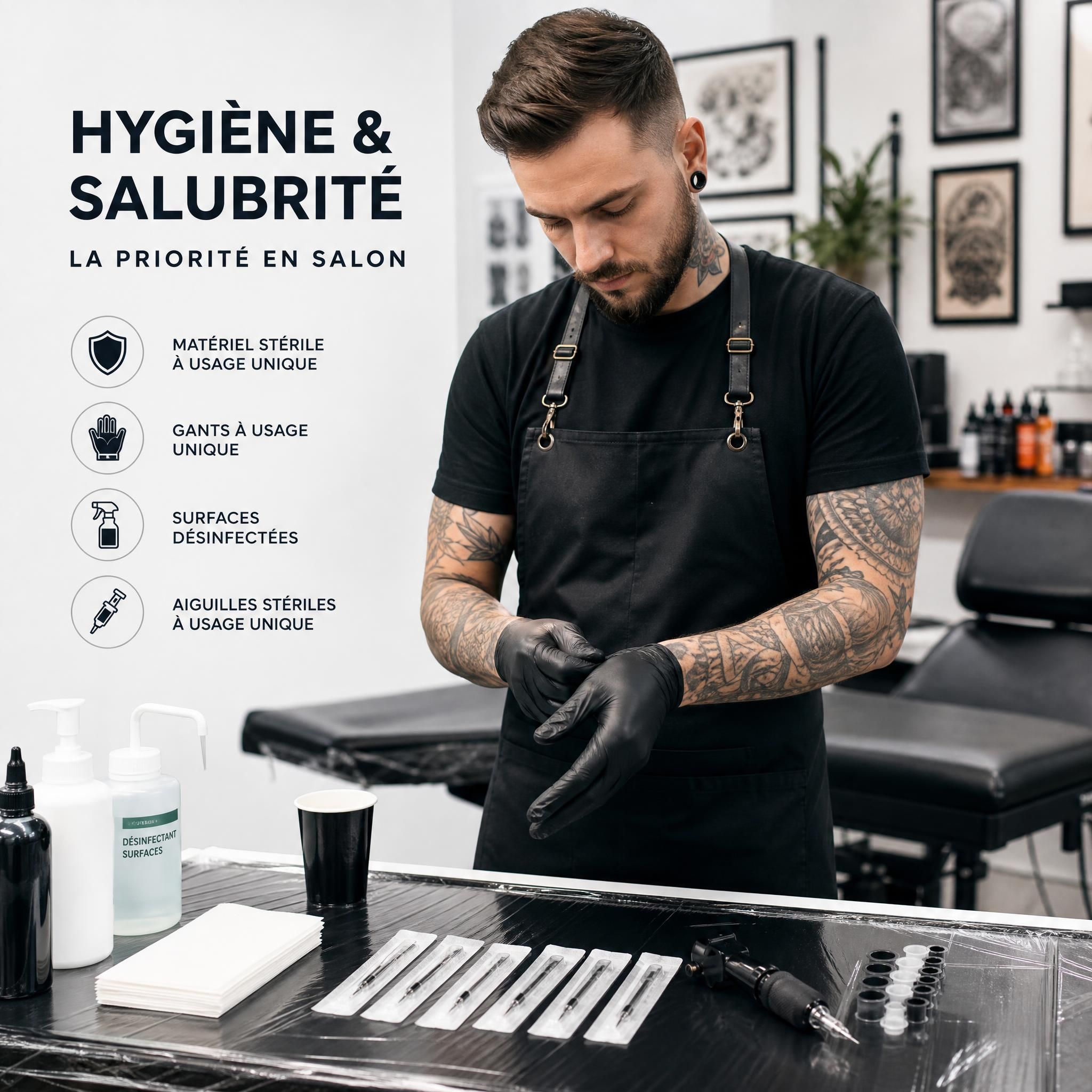 Professionnel du tatouage en train de préparer son poste de travail avec du matériel stérile, gants, plateau désinfecté et aiguilles à usage unique — hygiène et salubrité en salon