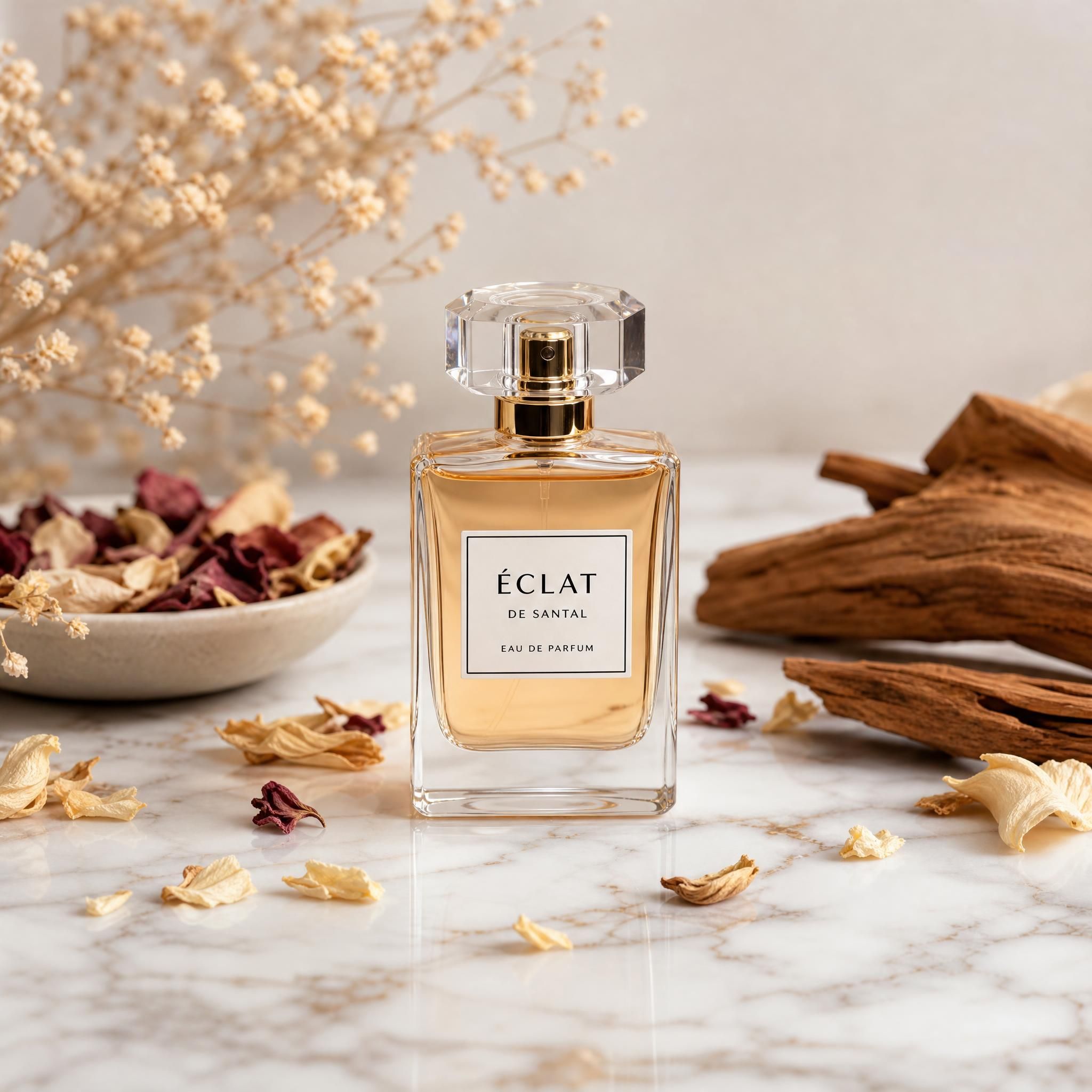 Flacon de parfum élégant posé sur une surface en marbre blanc avec des pétales de fleurs séchées et des notes boisées en arrière-plan, ambiance premium accessible