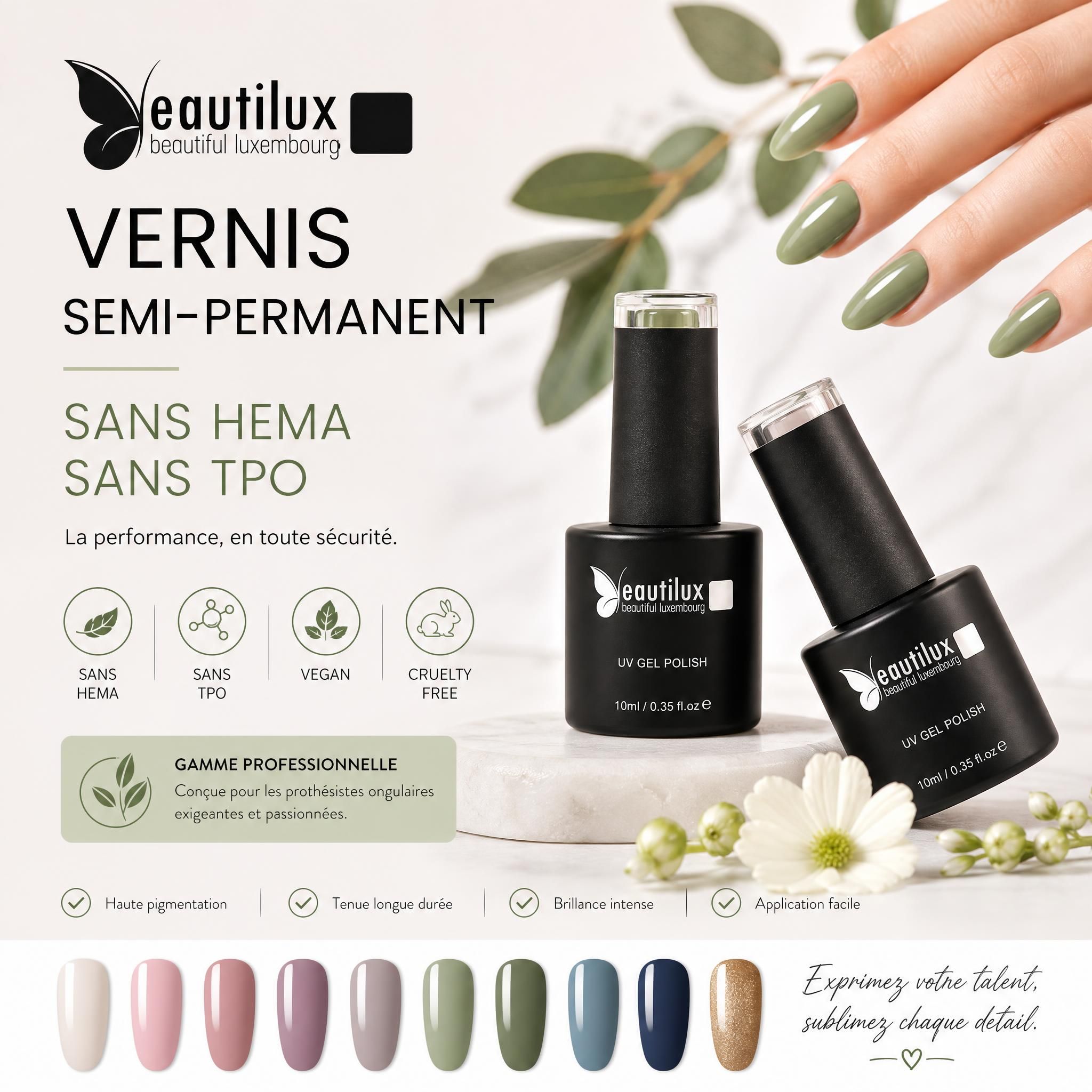 Vernis semi-permanent Beautilux sans HEMA sans TPO - gamme professionnelle vegan et cruelty-free pour nail art