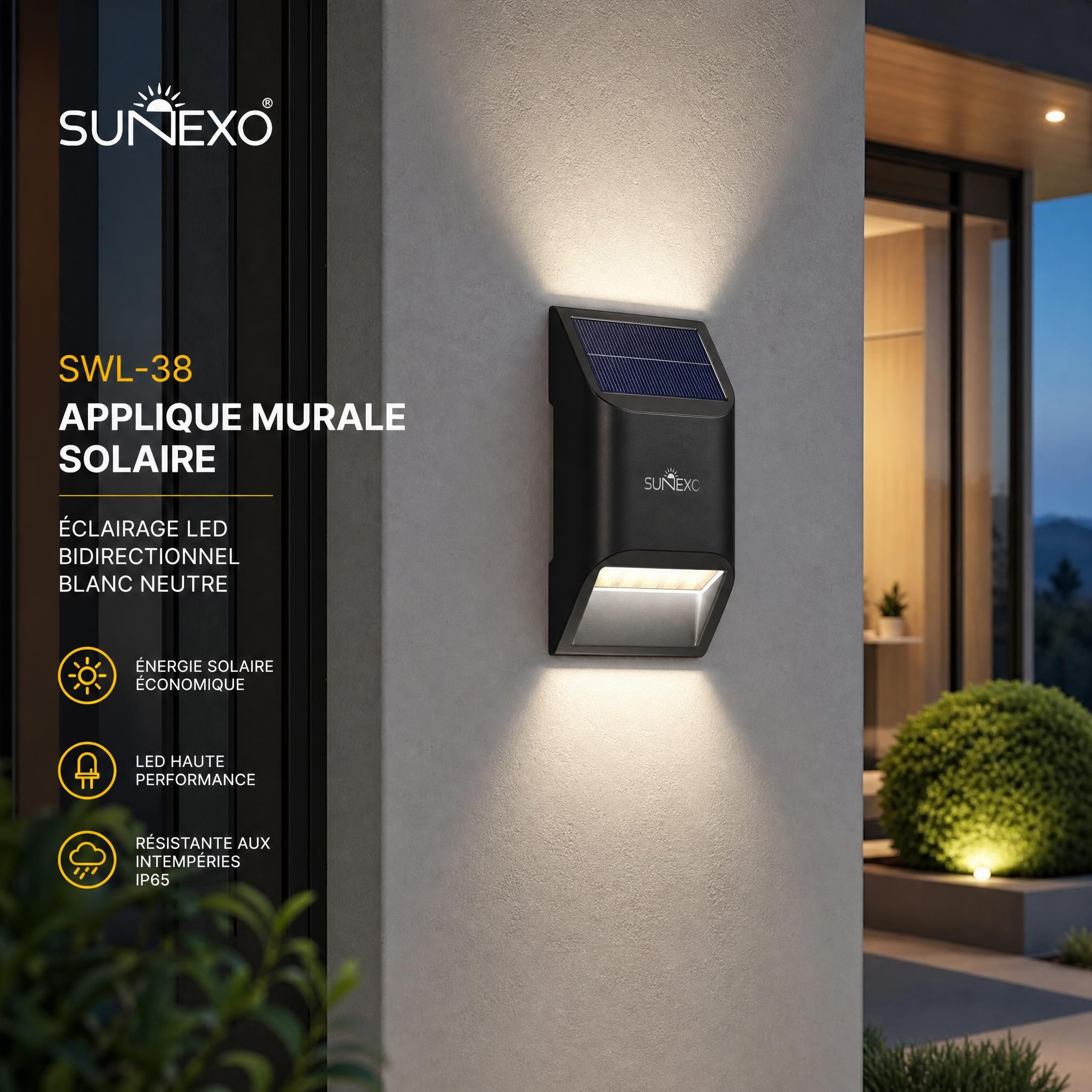 Applique murale solaire SWL-38 Sunexo installée sur façade extérieure — éclairage LED bidirectionnel blanc neutre