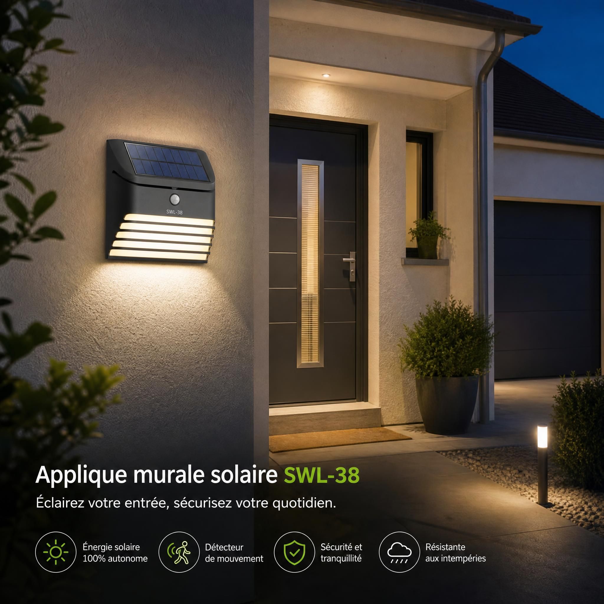 Applique murale solaire SWL-38 installée à l'entrée d'une maison individuelle française — éclairage nocturne ambiance sécurisée