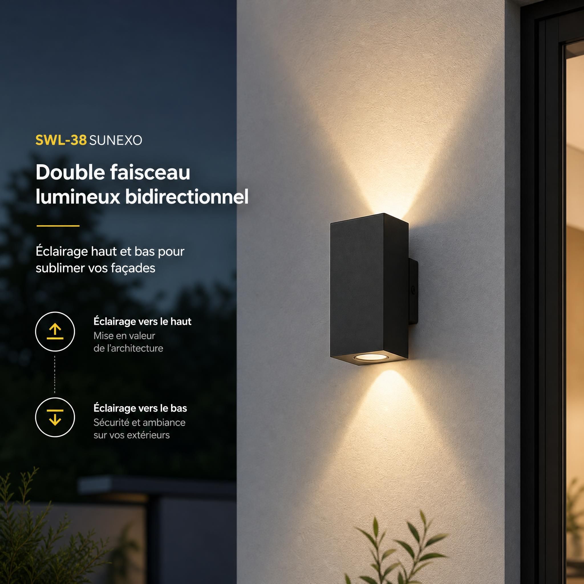 Détail du double faisceau lumineux bidirectionnel de l'applique SWL-38 Sunexo — éclairage haut et bas sur façade de maison