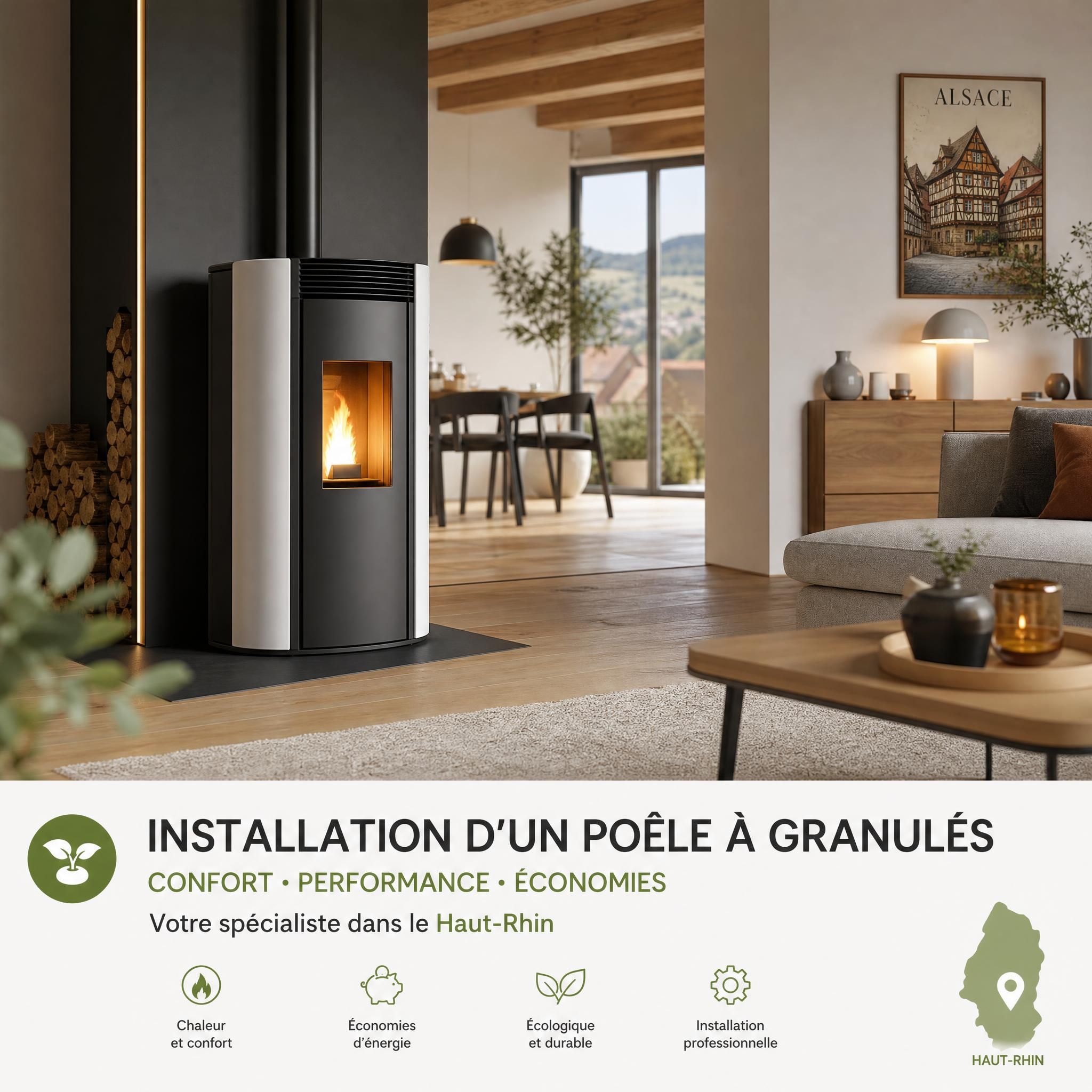 Installation d'un poêle à granulés moderne dans un intérieur alsacien contemporain, Haut-Rhin