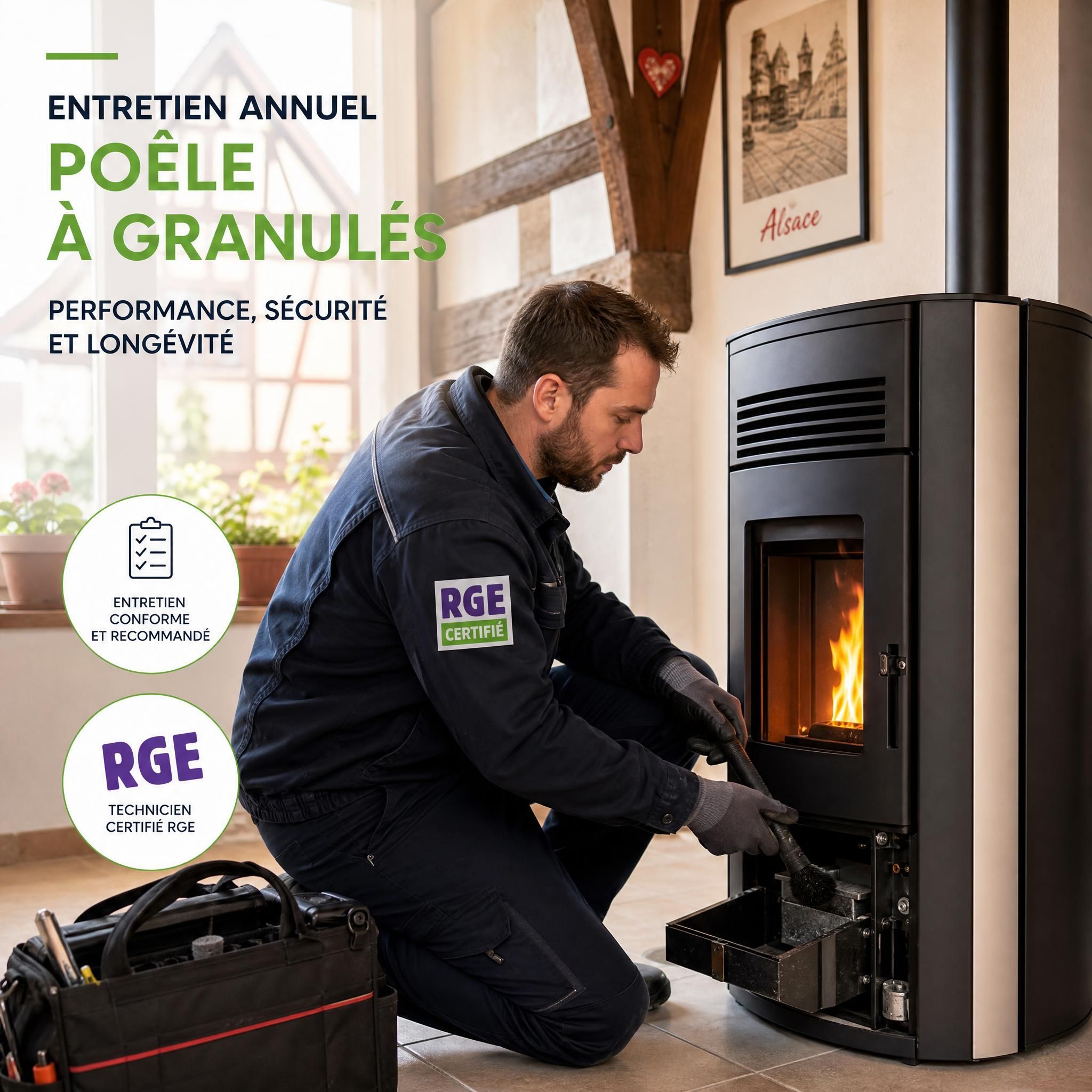 Technicien certifié RGE effectuant l'entretien annuel d'un poêle à granulés dans une maison alsacienne