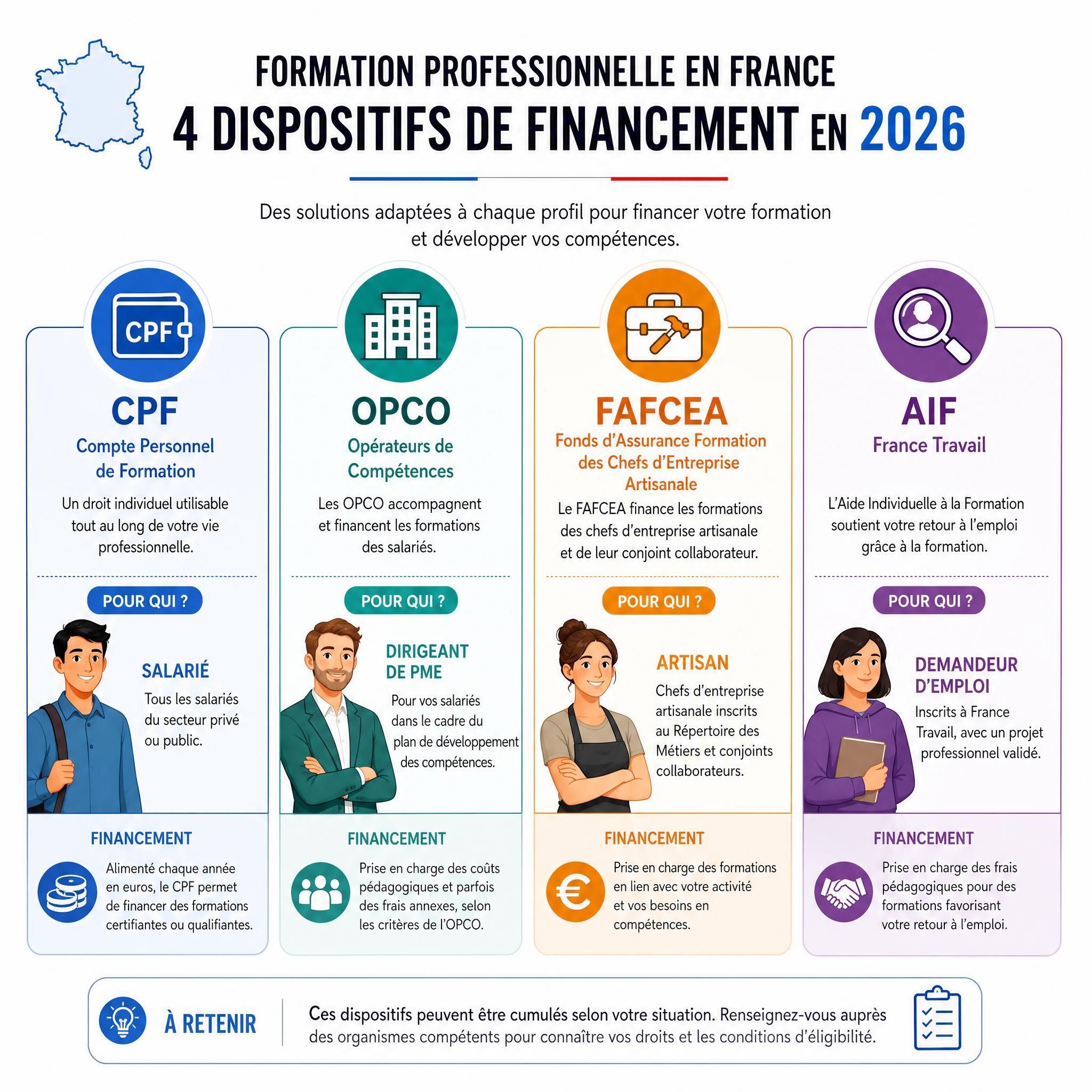 Infographie illustrant les quatre dispositifs de financement de la formation professionnelle en France en 2026 : CPF, OPCO, FAFCEA et AIF France Travail, avec des icônes claires pour chaque profil (salarié, dirigeant PME, demandeur d'emploi, artisan)
