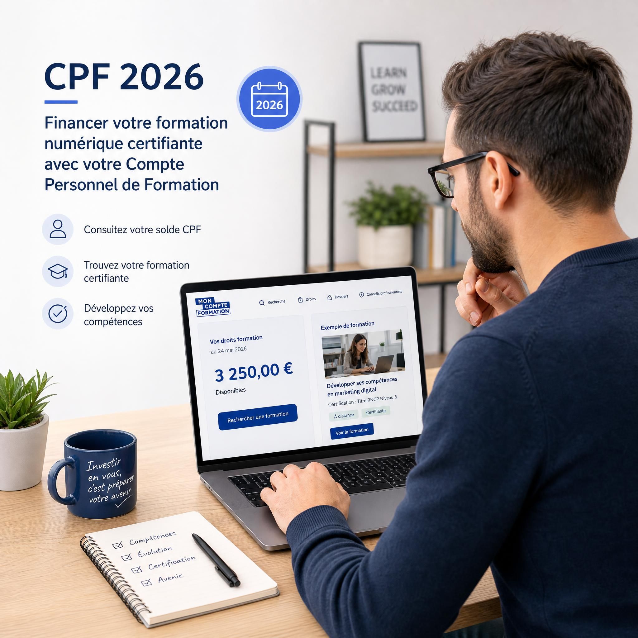 Professionnel consultant son compte CPF sur ordinateur pour financer une formation numérique certifiante en 2026