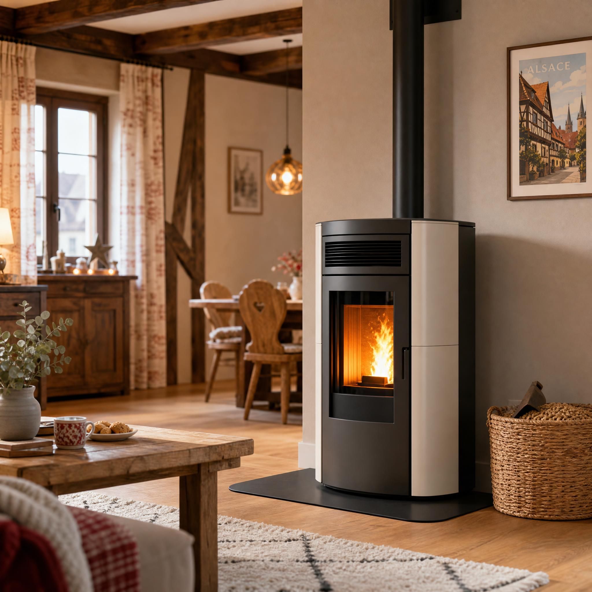 PoĂȘle Ă granulĂ©s moderne installĂ© dans un intĂ©rieur alsacien chaleureux, Haut-Rhin