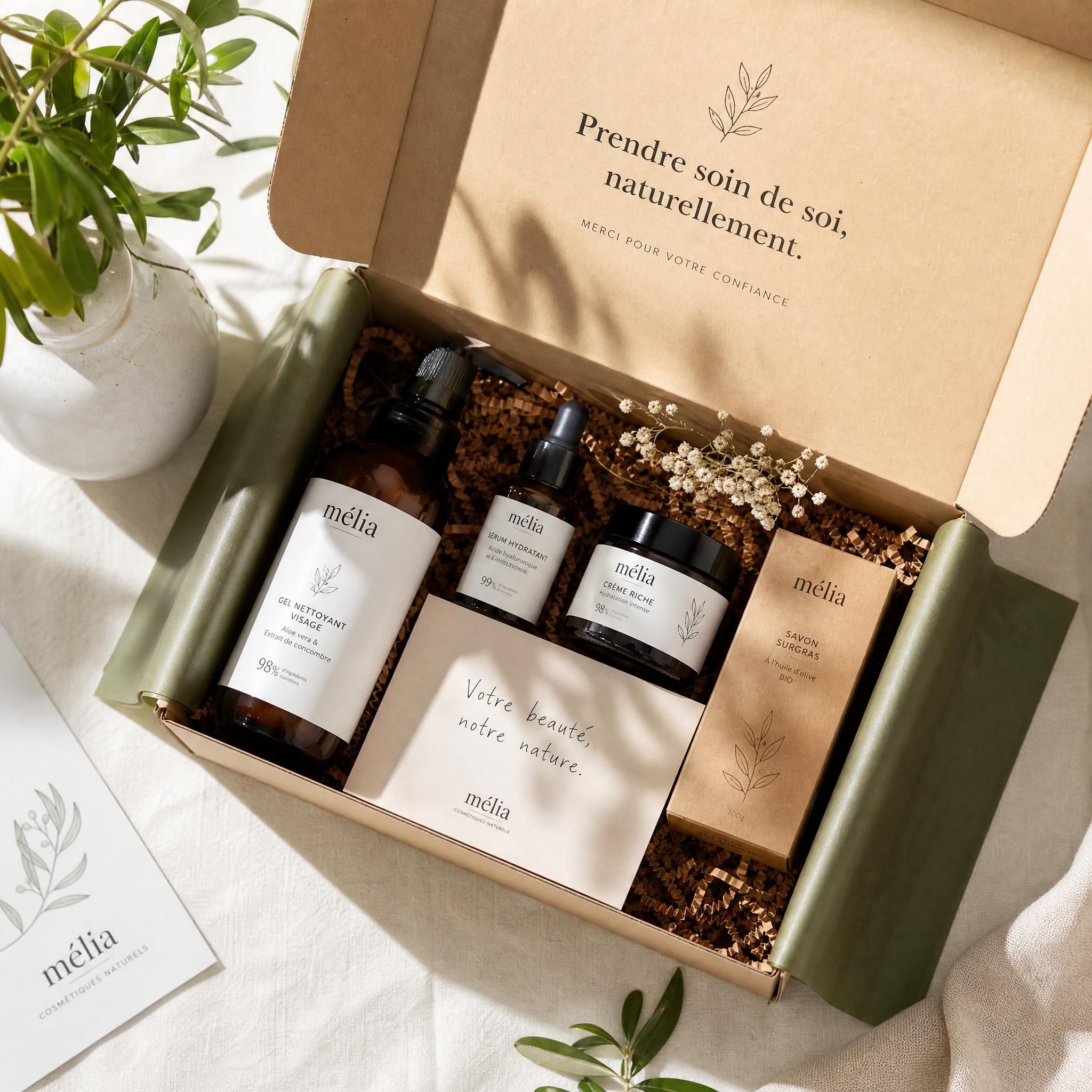 Expérience unboxing packaging personnalisé startup e-commerce - boîte premium ouverte avec produits cosmétiques naturels, lumière naturelle, vue du dessus