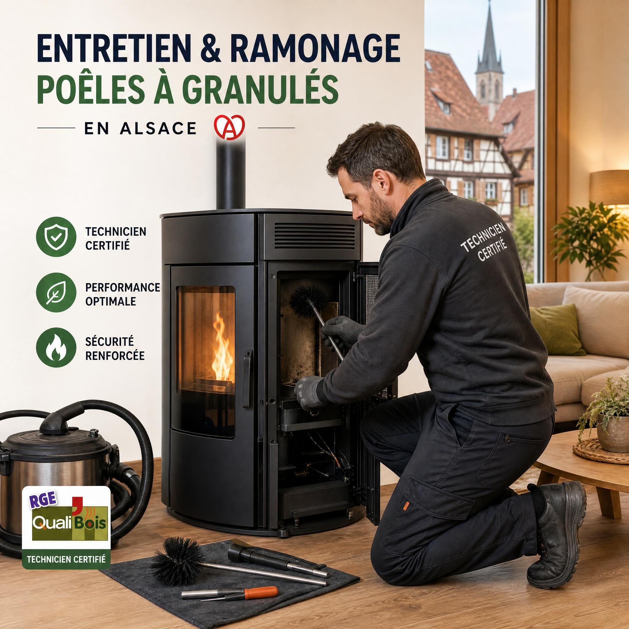 Technicien certifiĂ© rĂ©alisant l'entretien et le ramonage d'un poĂȘle Ă granulĂ©s en Alsace